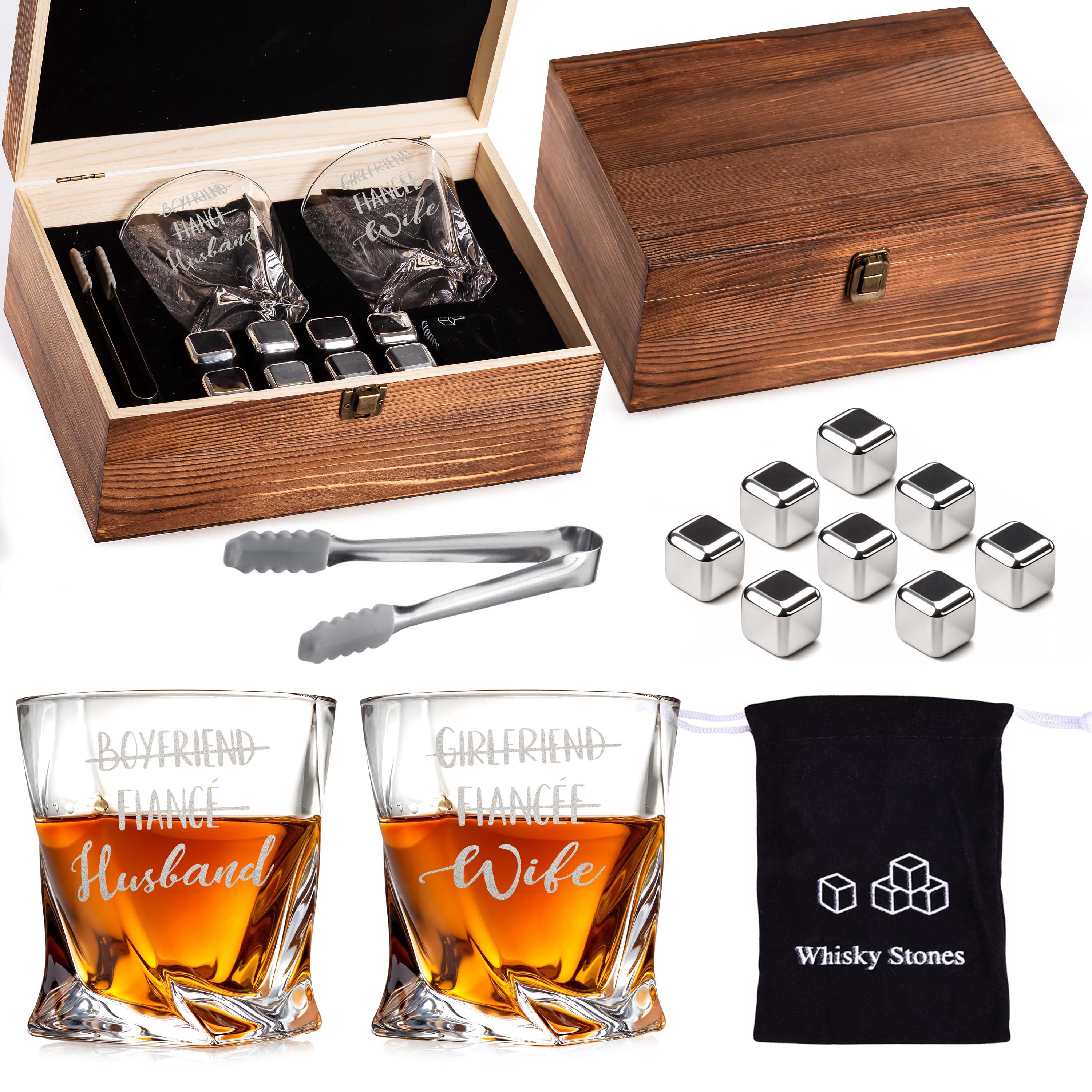Boyfriend Fiance Husband Girlfriend Wife Couples Matching Heart Whiskey Gift Set of 2 Glasses, Tongs, & Stainless Steel Whiskey Stones – Personalized Premium Wood Box Wedding Gift