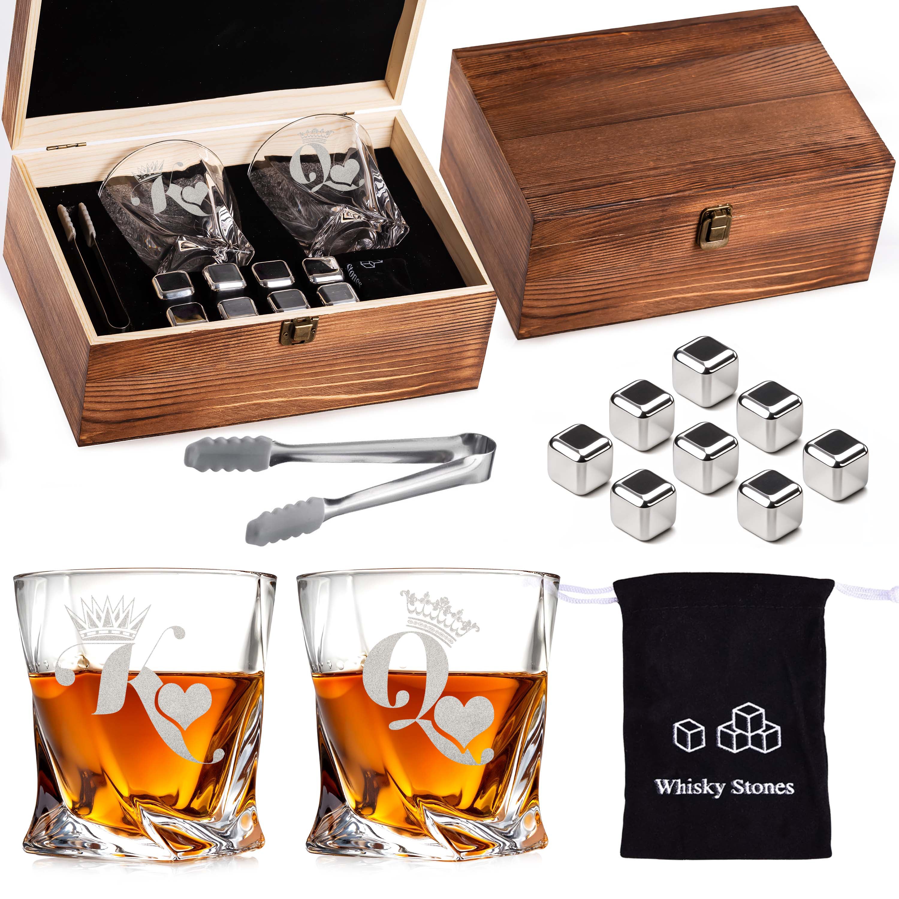 King and Queen Couples Matching Heart Whiskey Gift Set of 2 Glasses, Tongs, & Stainless Steel Whiskey Stones – Personalized Premium Wood Box for Him and Her