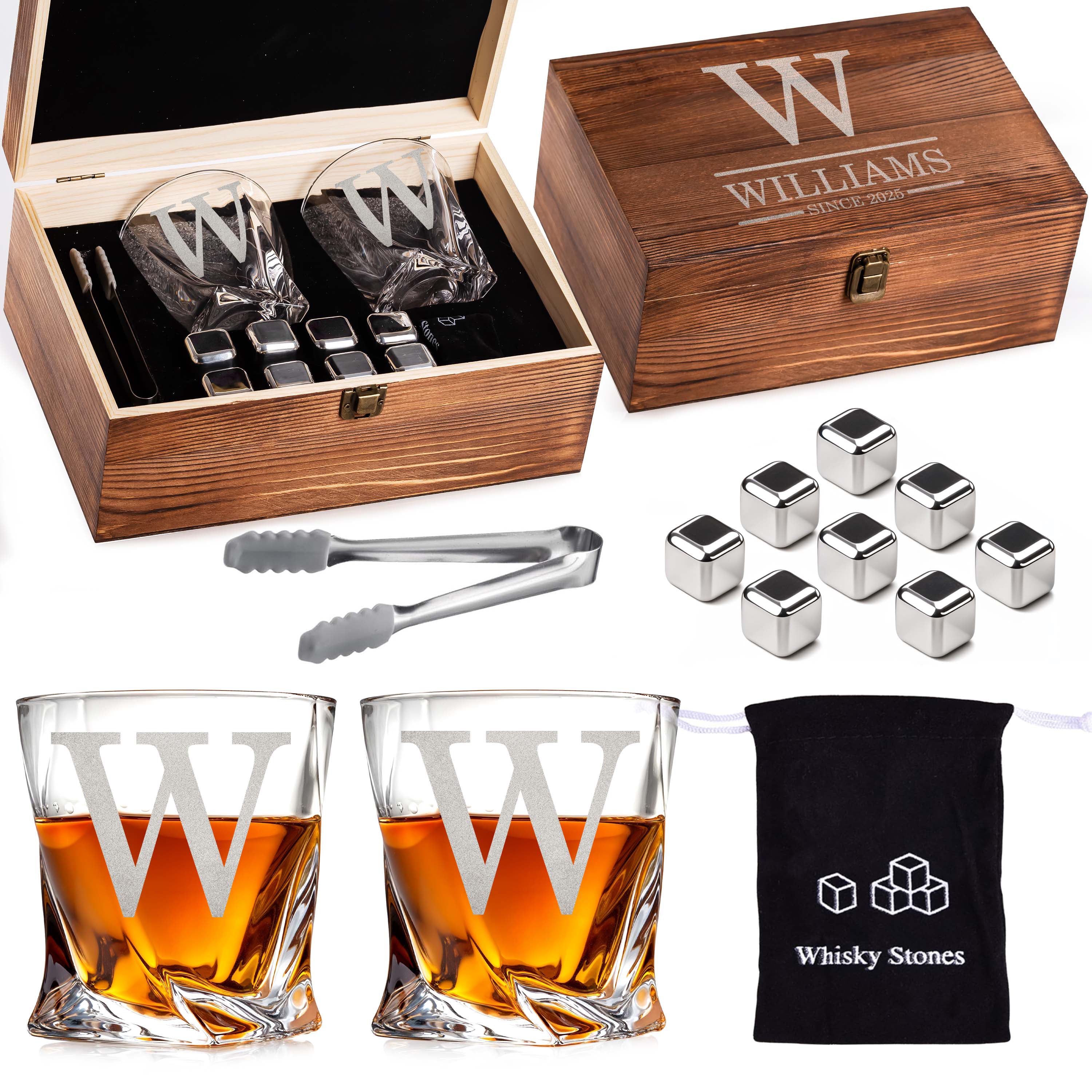 Custom Monogram Name Since Year Whiskey Gift Set of 2 Glasses, Tongs, & Stainless Steel Whiskey Stones – Personalized Premium Wood Box for Men Gift for Husband, Dad, or Him