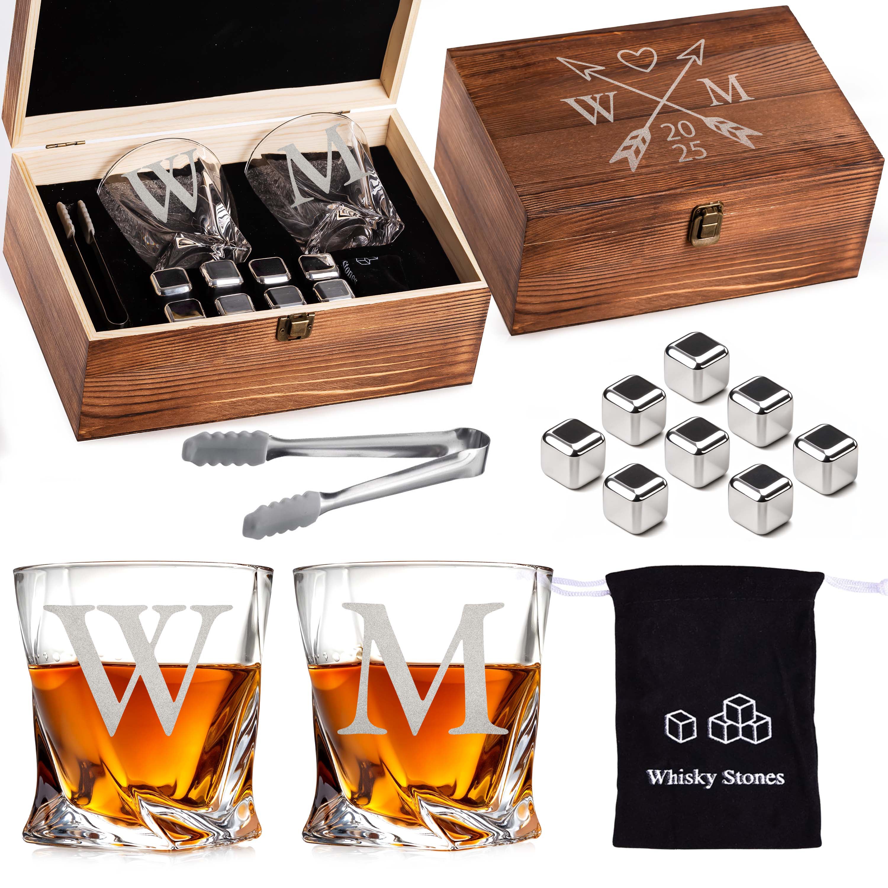 Custom Couples Initials and Date Arrow Whiskey Gift Set of 2 Glasses, Tongs, & Stainless Steel Whiskey Stones – Personalized Premium Wood Box Gift for Couples