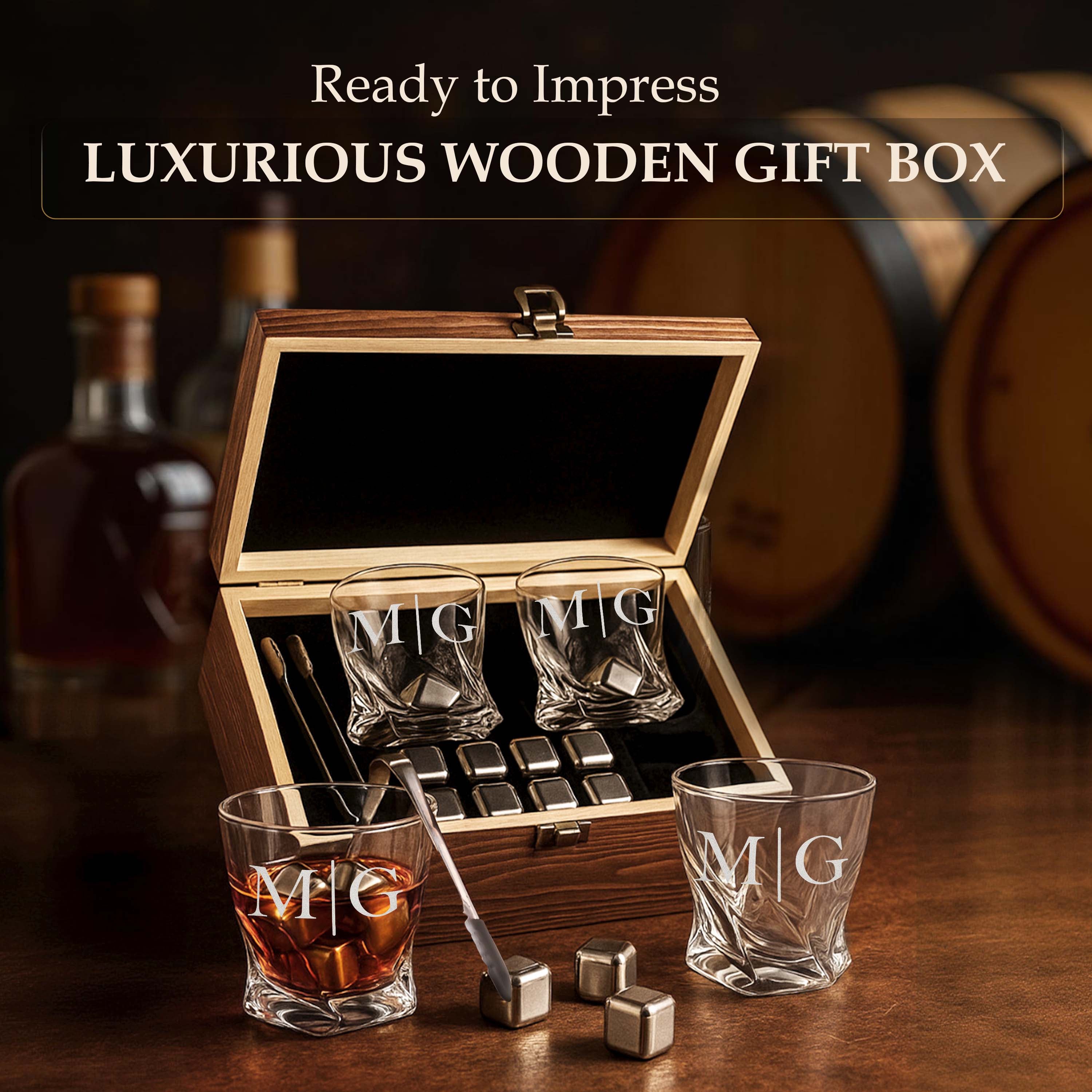 Custom His and Hers Initials Whiskey Gift Set of 2 Glasses, Tongs, & Stainless Steel Whiskey Stones – Personalized Premium Wood Box for Men Gift for Couples
