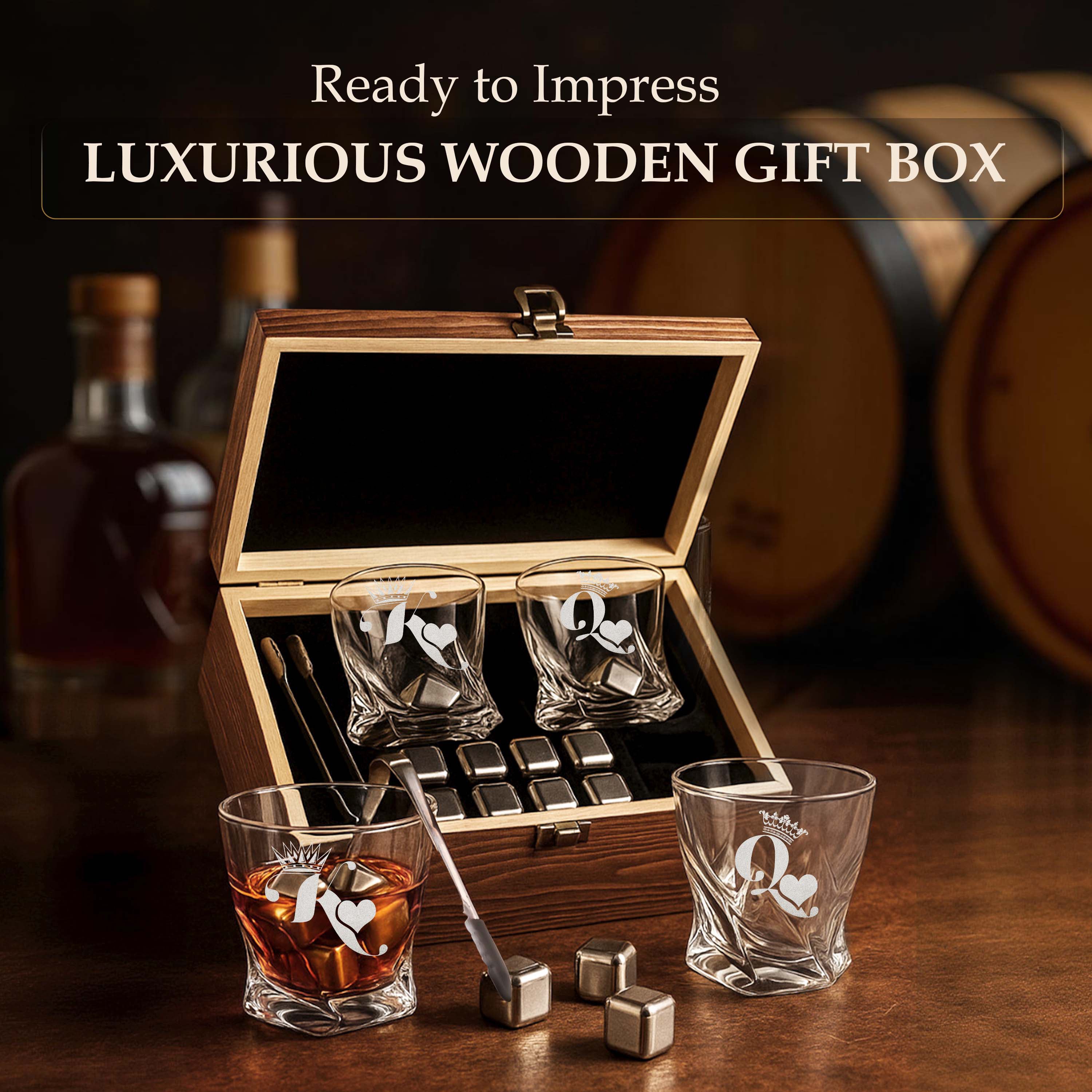 King and Queen Couples Matching Heart Whiskey Gift Set of 2 Glasses, Tongs, & Stainless Steel Whiskey Stones – Personalized Premium Wood Box for Him and Her