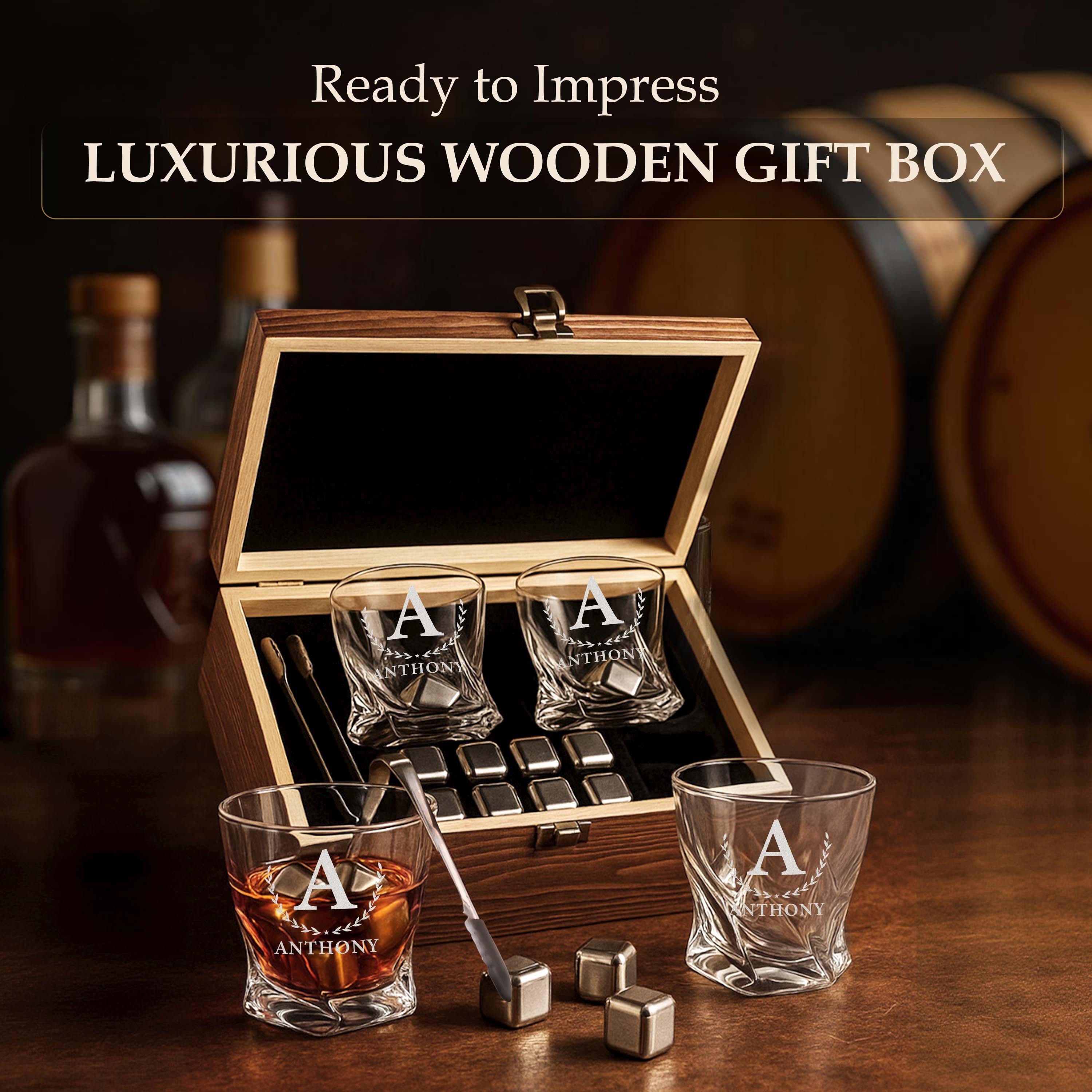 Custom Monogram Name Whiskey Gift Set of 2 Glasses, Tongs, & Stainless Steel Whiskey Stones – Personalized Premium Wood Box for Men Gift for Husband, Dad, or Him