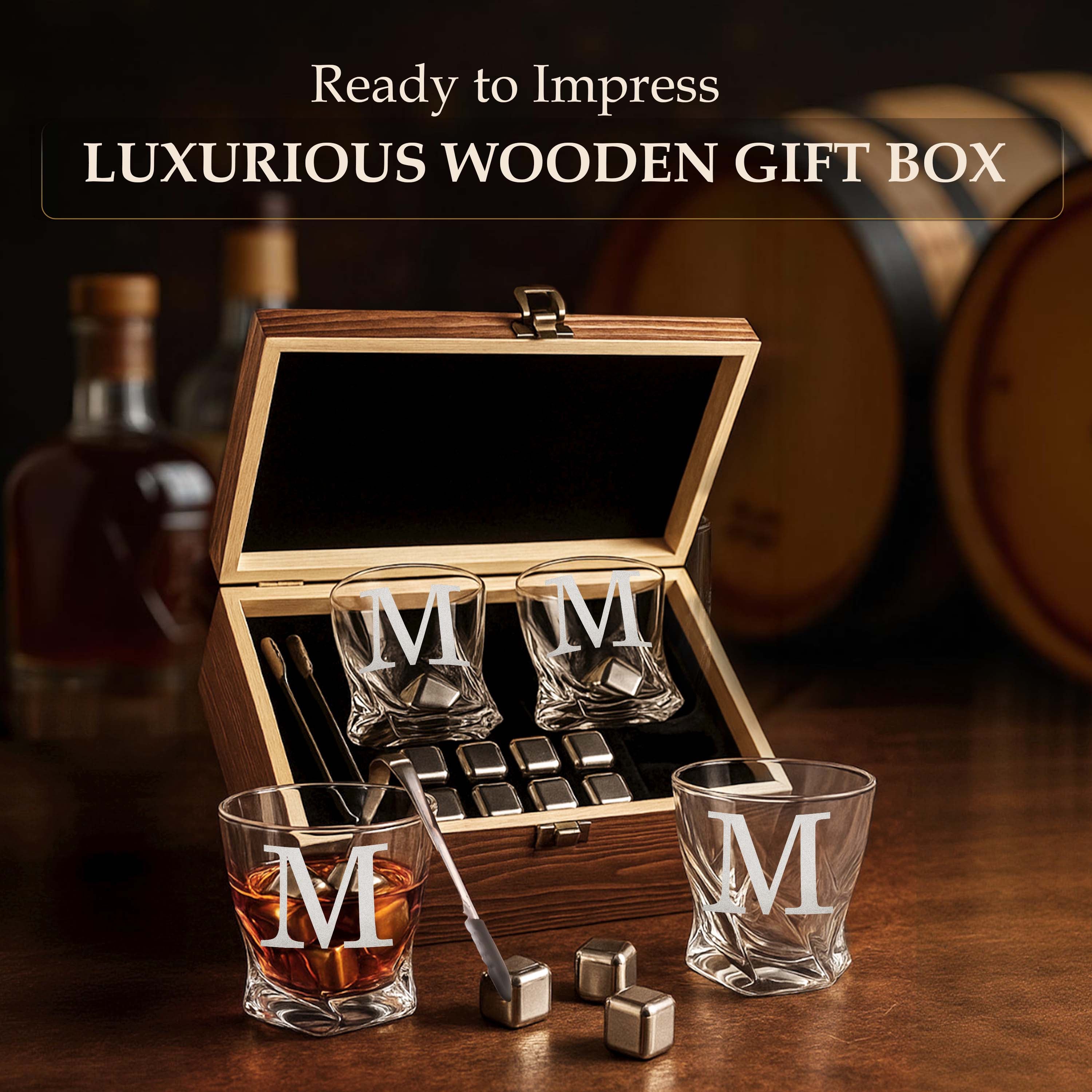 Custom Monogram Name Since Year Whiskey Gift Set of 2 Glasses, Tongs, & Stainless Steel Whiskey Stones – Personalized Premium Wood Box for Men Gift for Husband, Dad, or Him