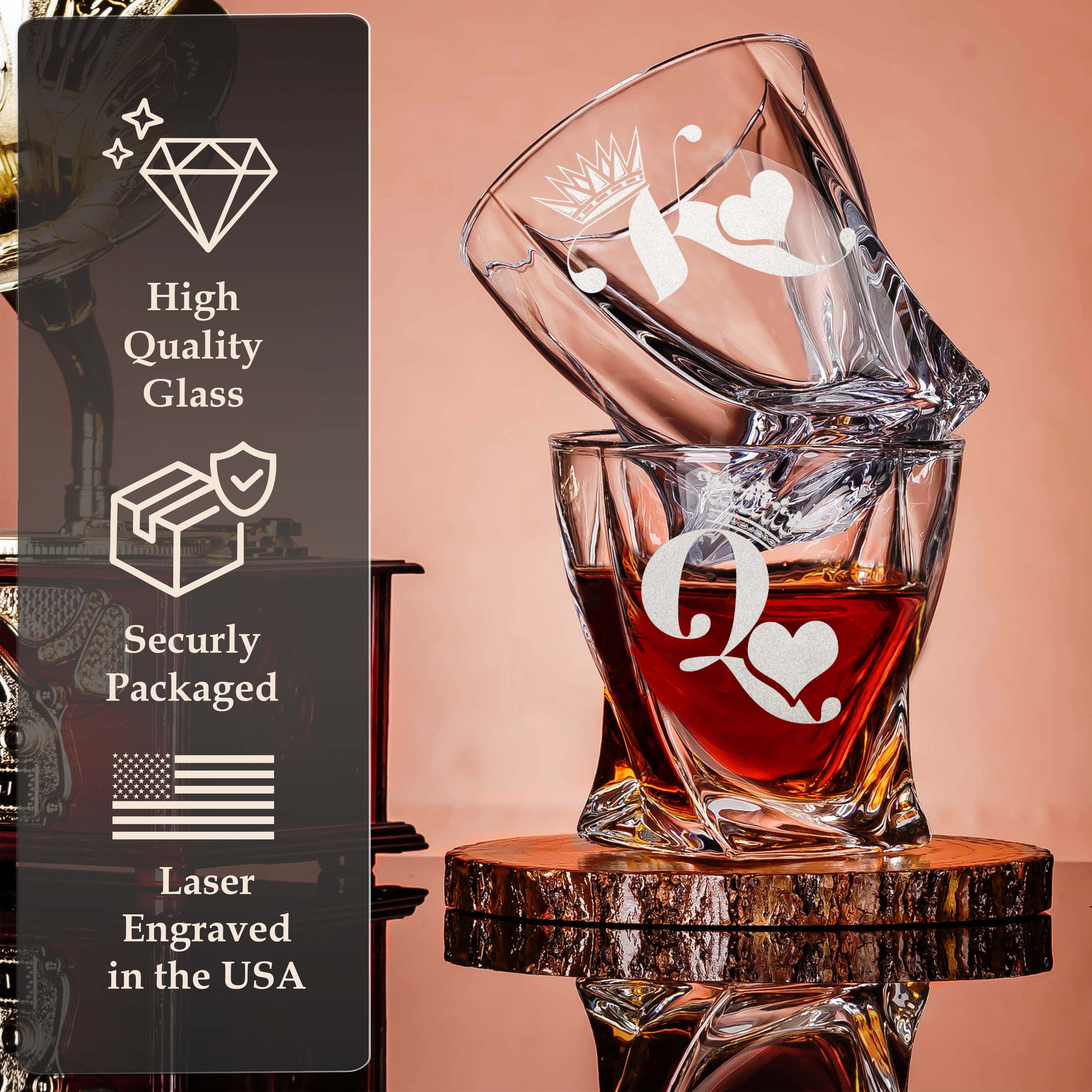King and Queen Couples Matching Heart Whiskey Gift Set of 2 Glasses, Tongs, & Stainless Steel Whiskey Stones – Personalized Premium Wood Box for Him and Her