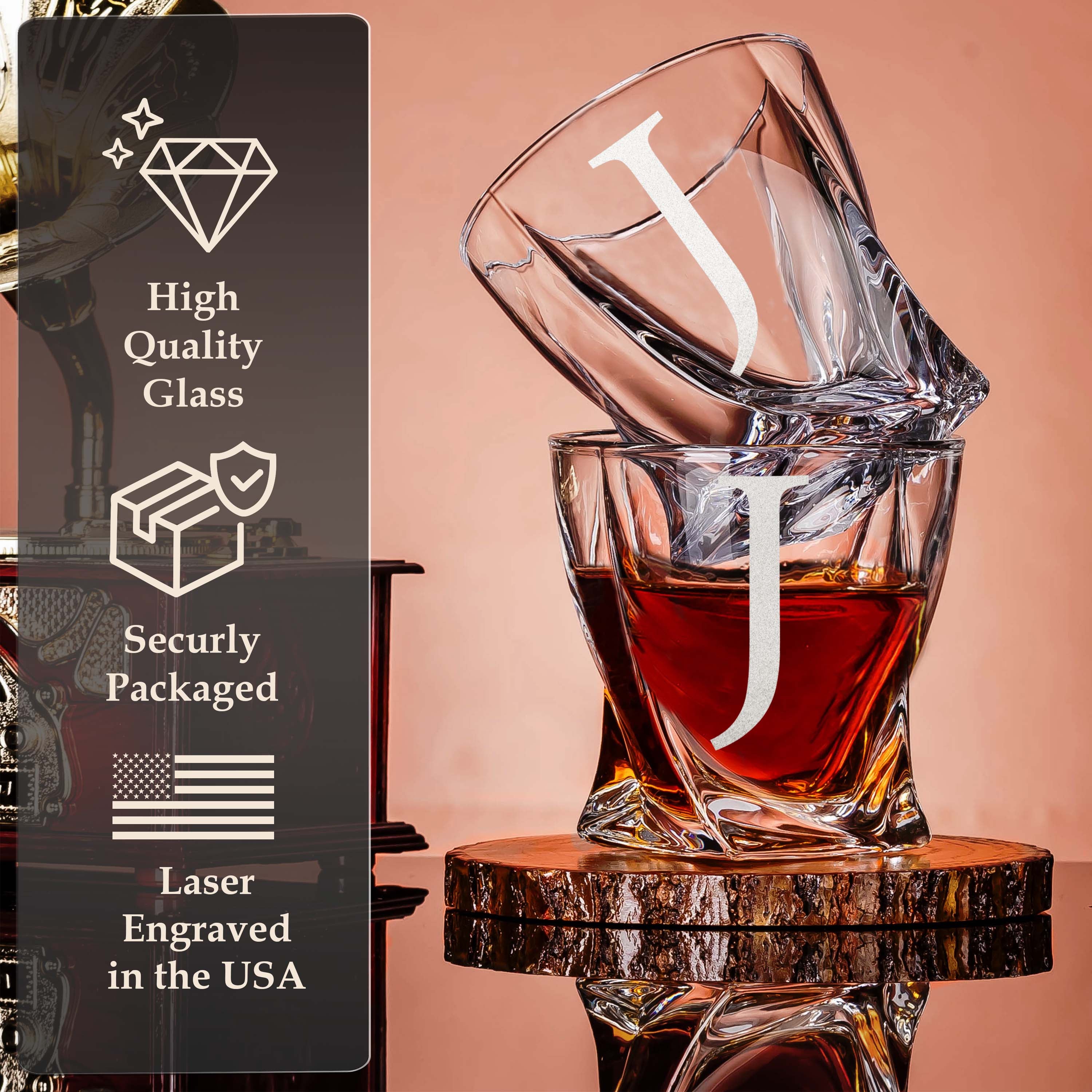 Custom Monogram Name Initial Icon Whiskey Gift Set of 2 Glasses, Tongs, & Stainless Steel Whiskey Stones – Personalized Premium Wood Box for Men Gift for Husband, Dad, or Him