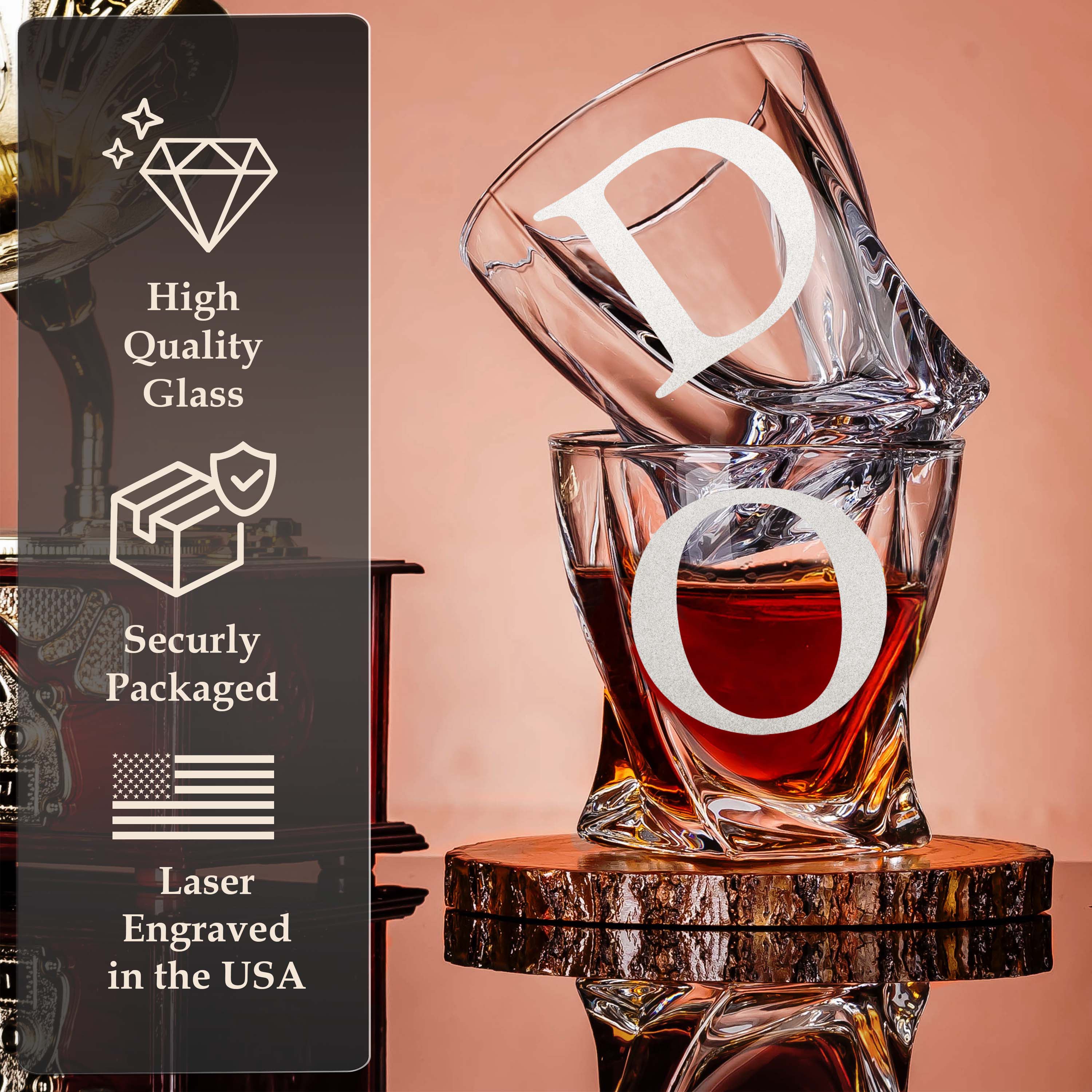 Custom Couples Initials and Date Arrow Whiskey Gift Set of 2 Glasses, Tongs, & Stainless Steel Whiskey Stones – Personalized Premium Wood Box Gift for Couples