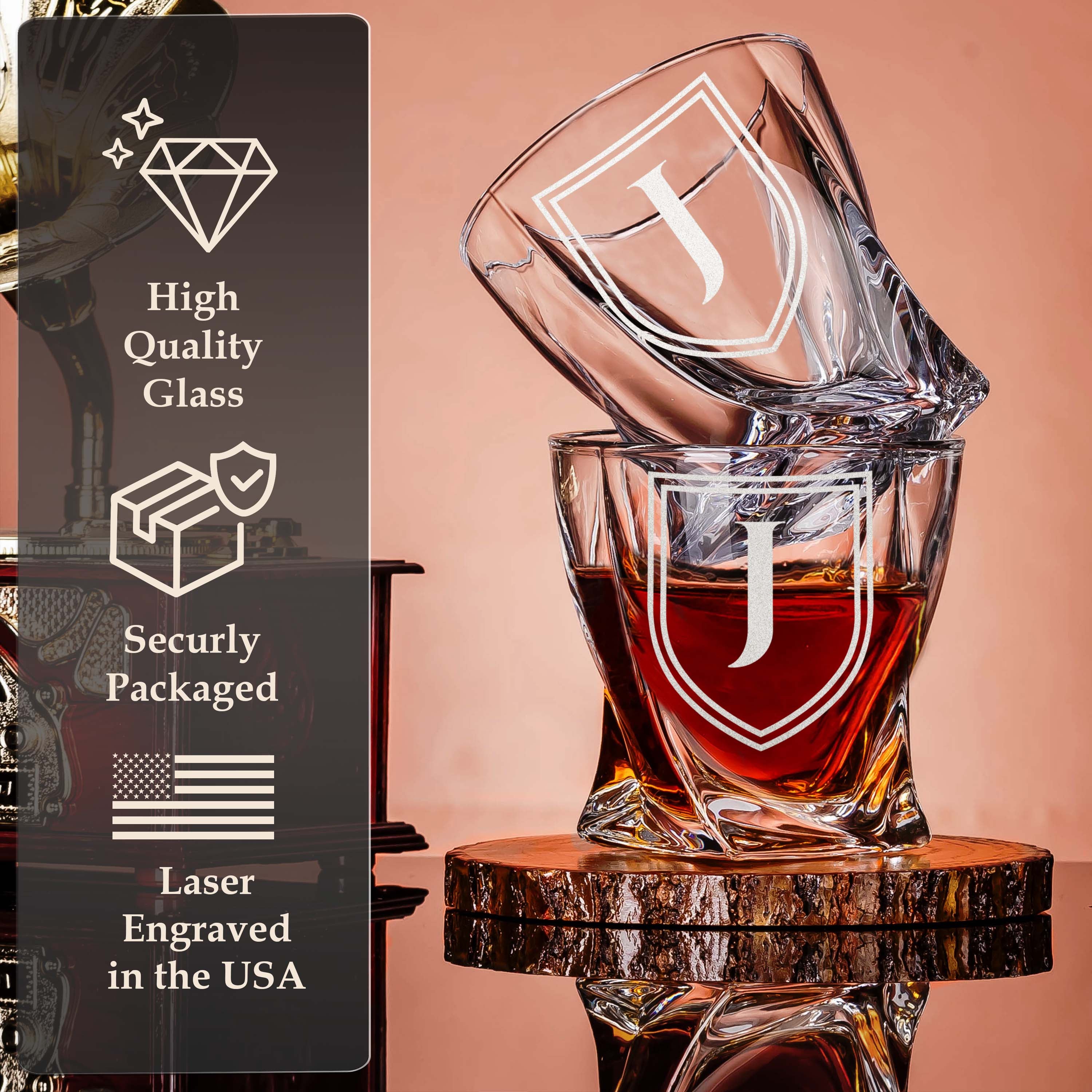 Custom Monogram Name Year Whiskey Gift Set of 2 Glasses, Tongs, & Stainless Steel Whiskey Stones – Personalized Premium Wood Box for Men Gift for Husband, Dad, or Him