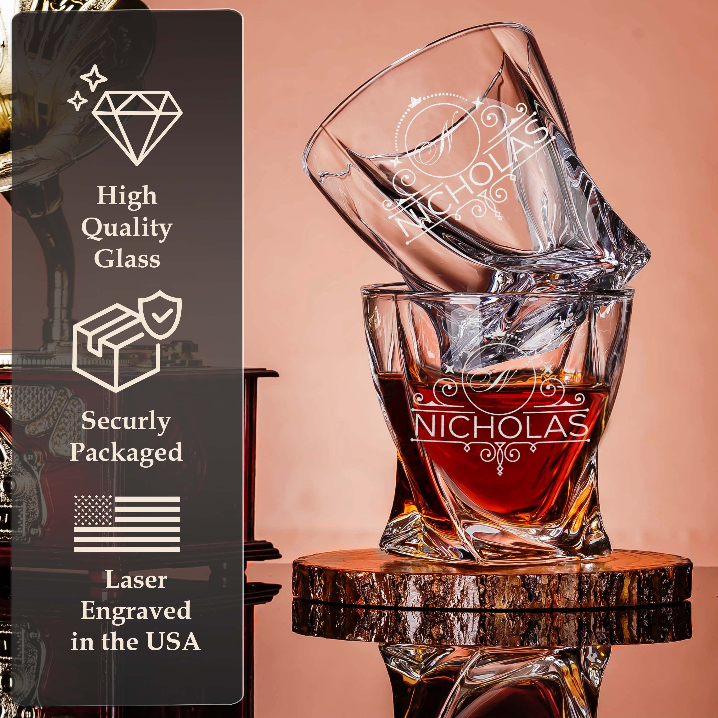 Custom Monogram Name Whiskey Gift Set of 2 Glasses, Tongs, & Stainless Steel Whiskey Stones – Personalized Premium Wood Box for Men Gift for Husband, Dad, or Him