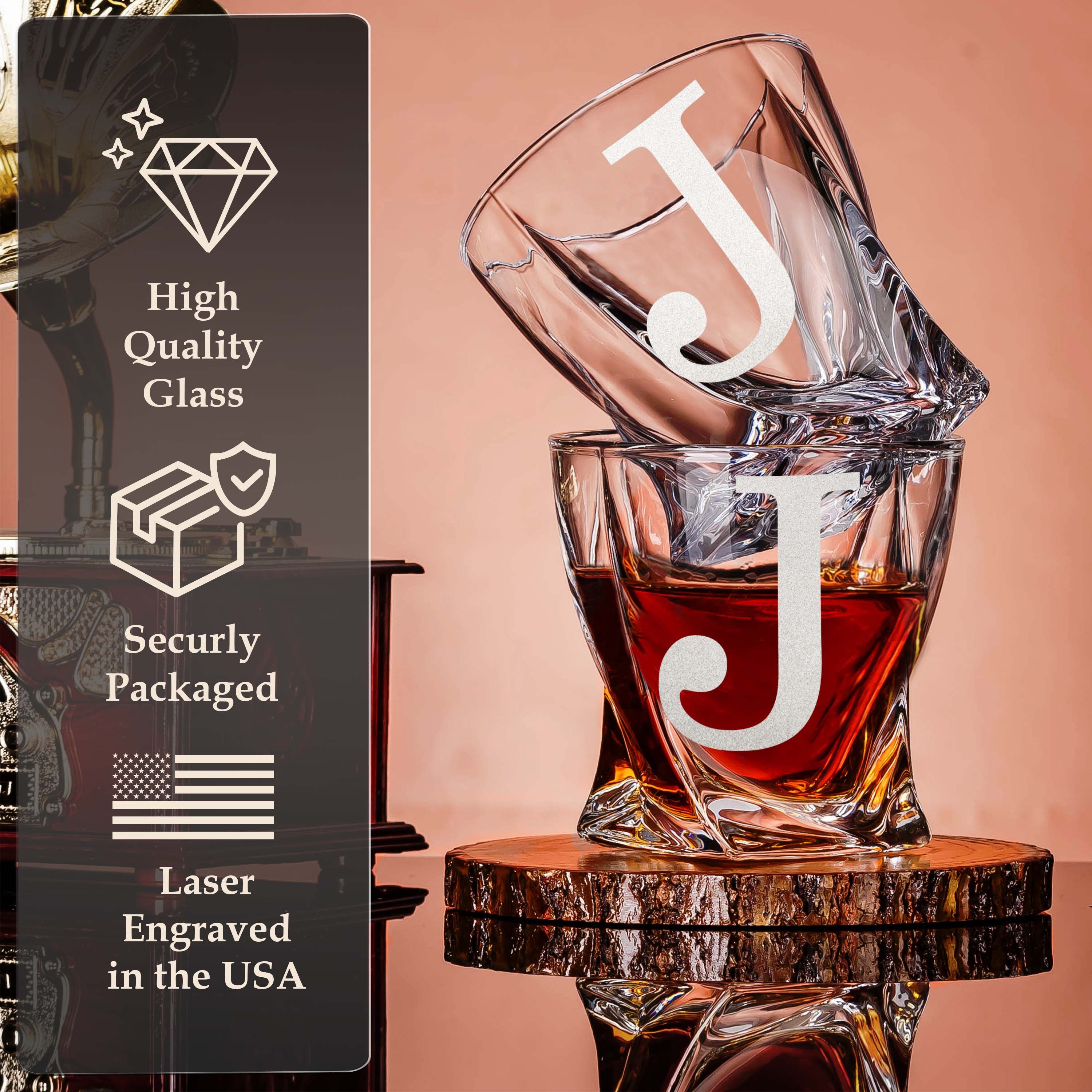 Custom Monogram Name Since Year Whiskey Gift Set of 2 Glasses, Tongs, & Stainless Steel Whiskey Stones – Personalized Premium Wood Box for Men Gift for Husband, Dad, or Him