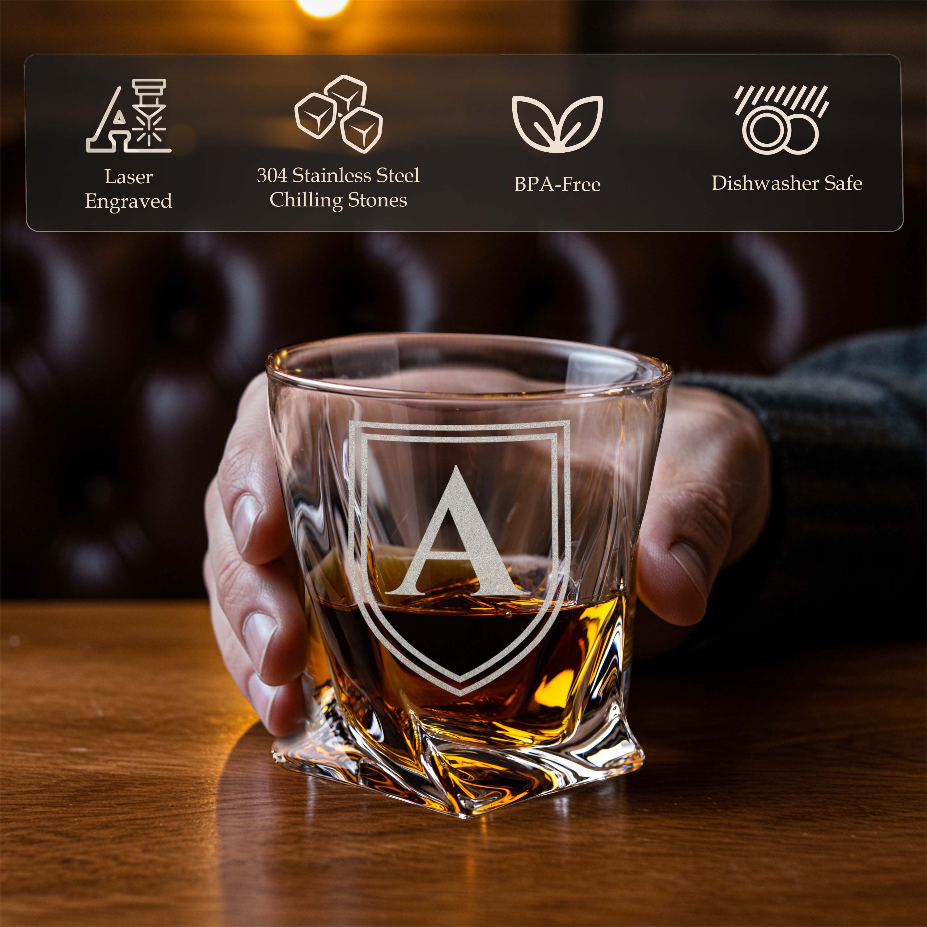 Custom Monogram Name Year Whiskey Gift Set of 2 Glasses, Tongs, & Stainless Steel Whiskey Stones – Personalized Premium Wood Box for Men Gift for Husband, Dad, or Him