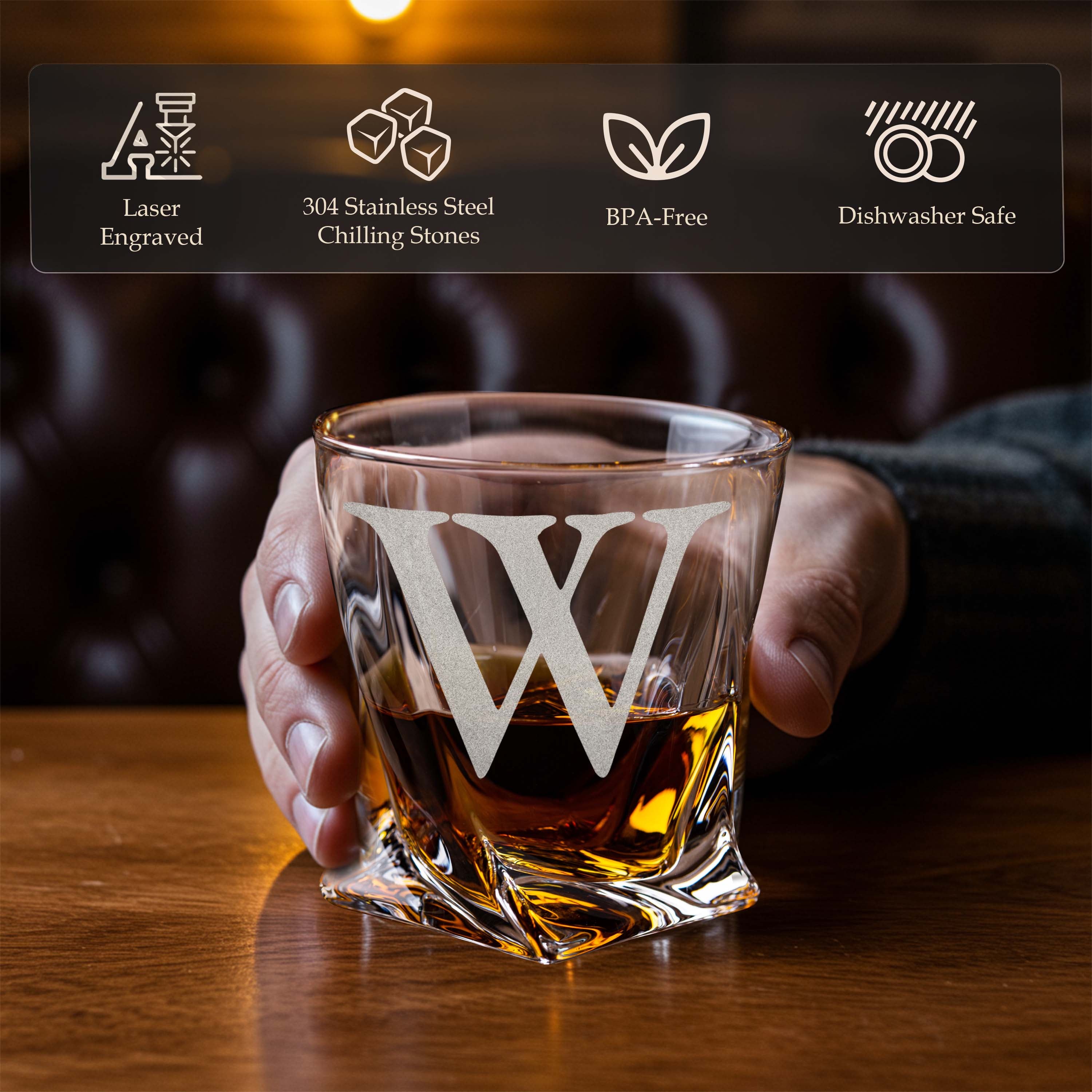 Custom Couples Initials and Date Arrow Whiskey Gift Set of 2 Glasses, Tongs, & Stainless Steel Whiskey Stones – Personalized Premium Wood Box Gift for Couples