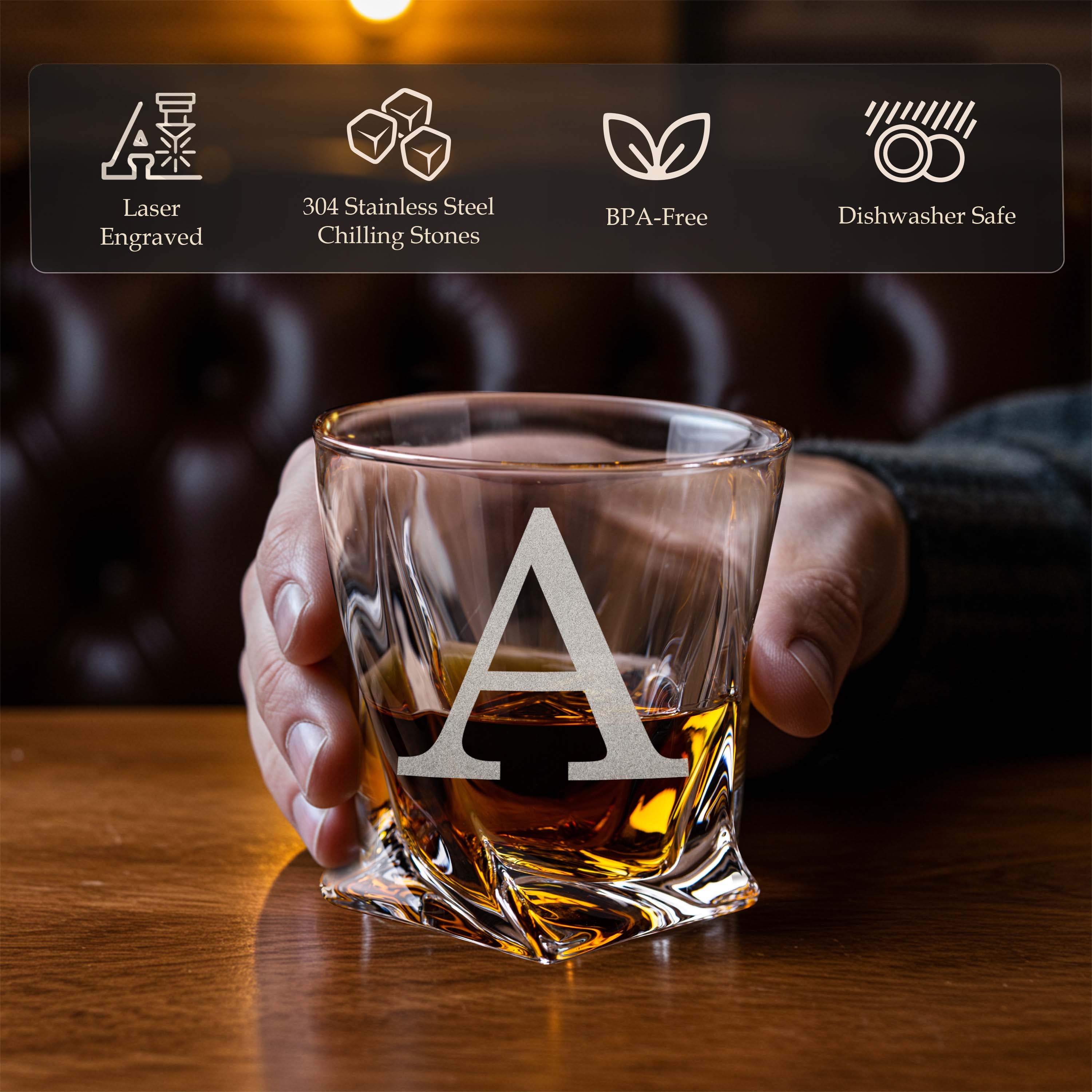 Custom Monogram Name Since Year Whiskey Gift Set of 2 Glasses, Tongs, & Stainless Steel Whiskey Stones – Personalized Premium Wood Box for Men Gift for Husband, Dad, or Him