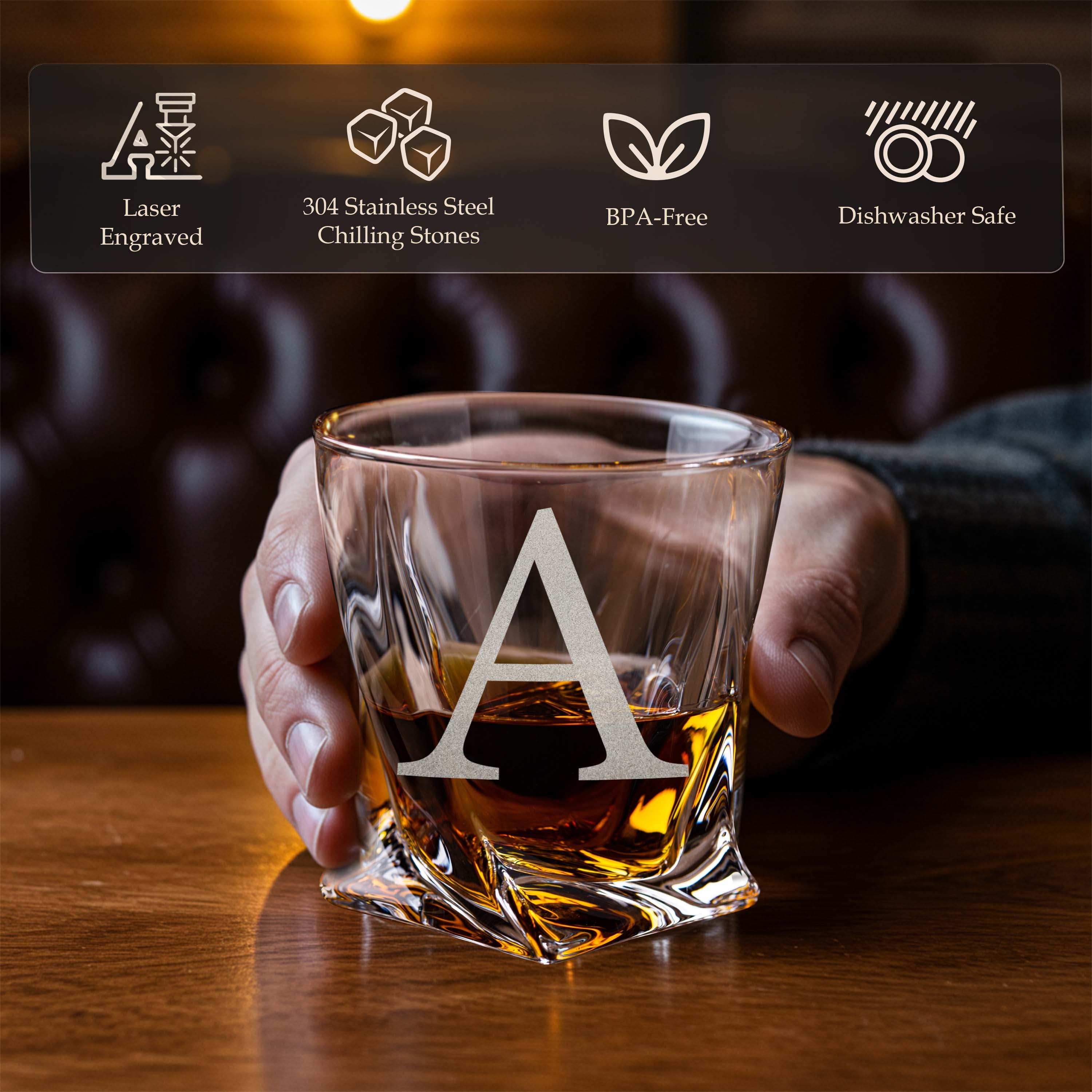 Custom Monogram Name Initial Icon Whiskey Gift Set of 2 Glasses, Tongs, & Stainless Steel Whiskey Stones – Personalized Premium Wood Box for Men Gift for Husband, Dad, or Him