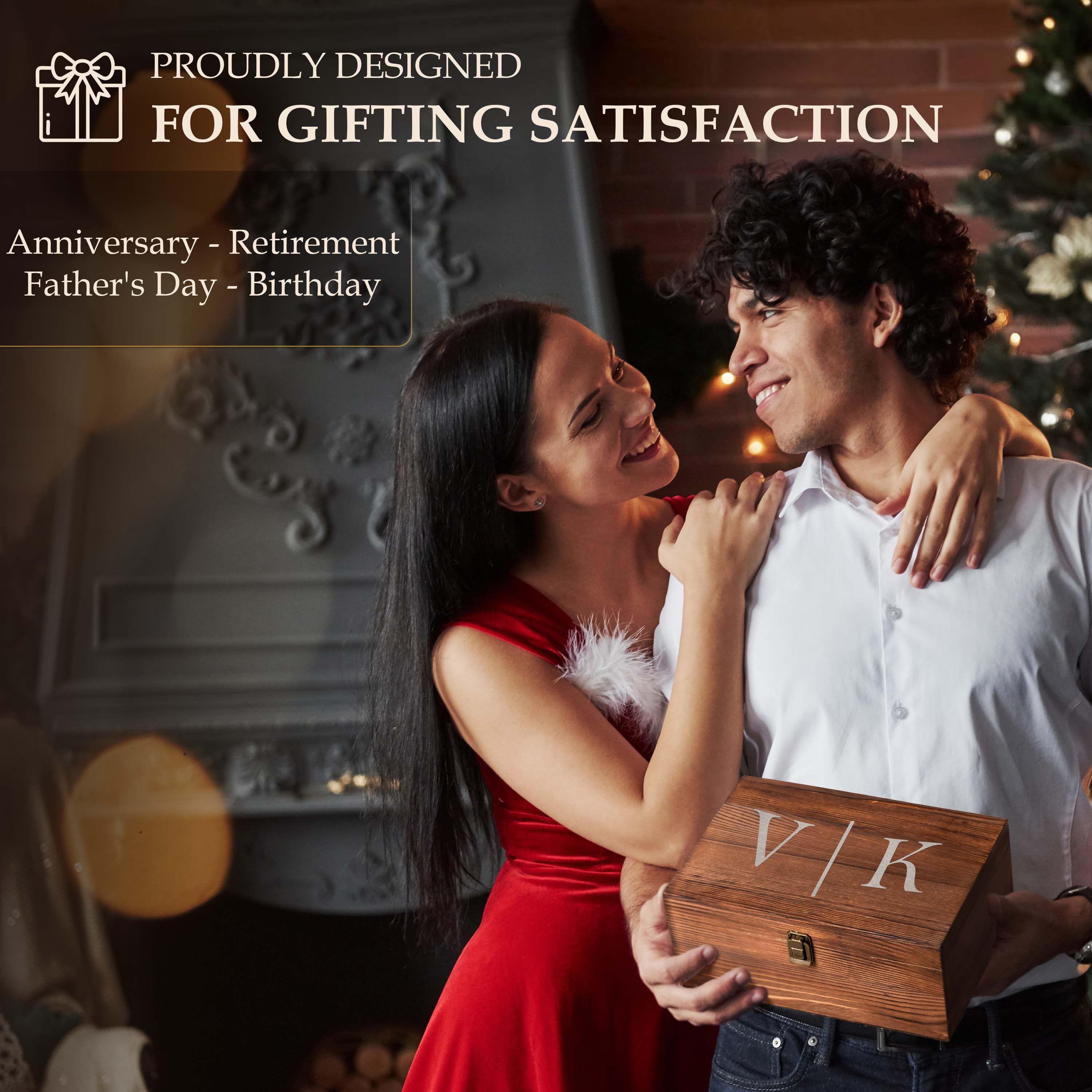 Custom His and Hers Initials Whiskey Gift Set of 2 Glasses, Tongs, & Stainless Steel Whiskey Stones – Personalized Premium Wood Box for Men Gift for Couples