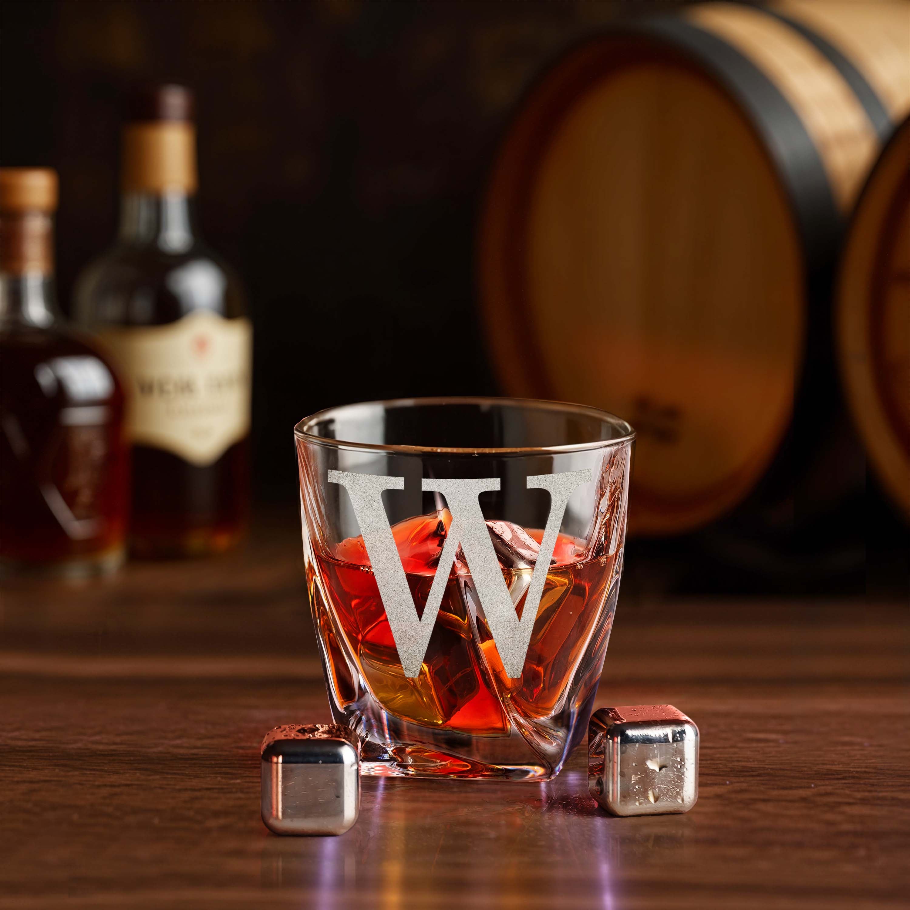 Custom Monogram Name Since Year Whiskey Gift Set of 2 Glasses, Tongs, & Stainless Steel Whiskey Stones – Personalized Premium Wood Box for Men Gift for Husband, Dad, or Him