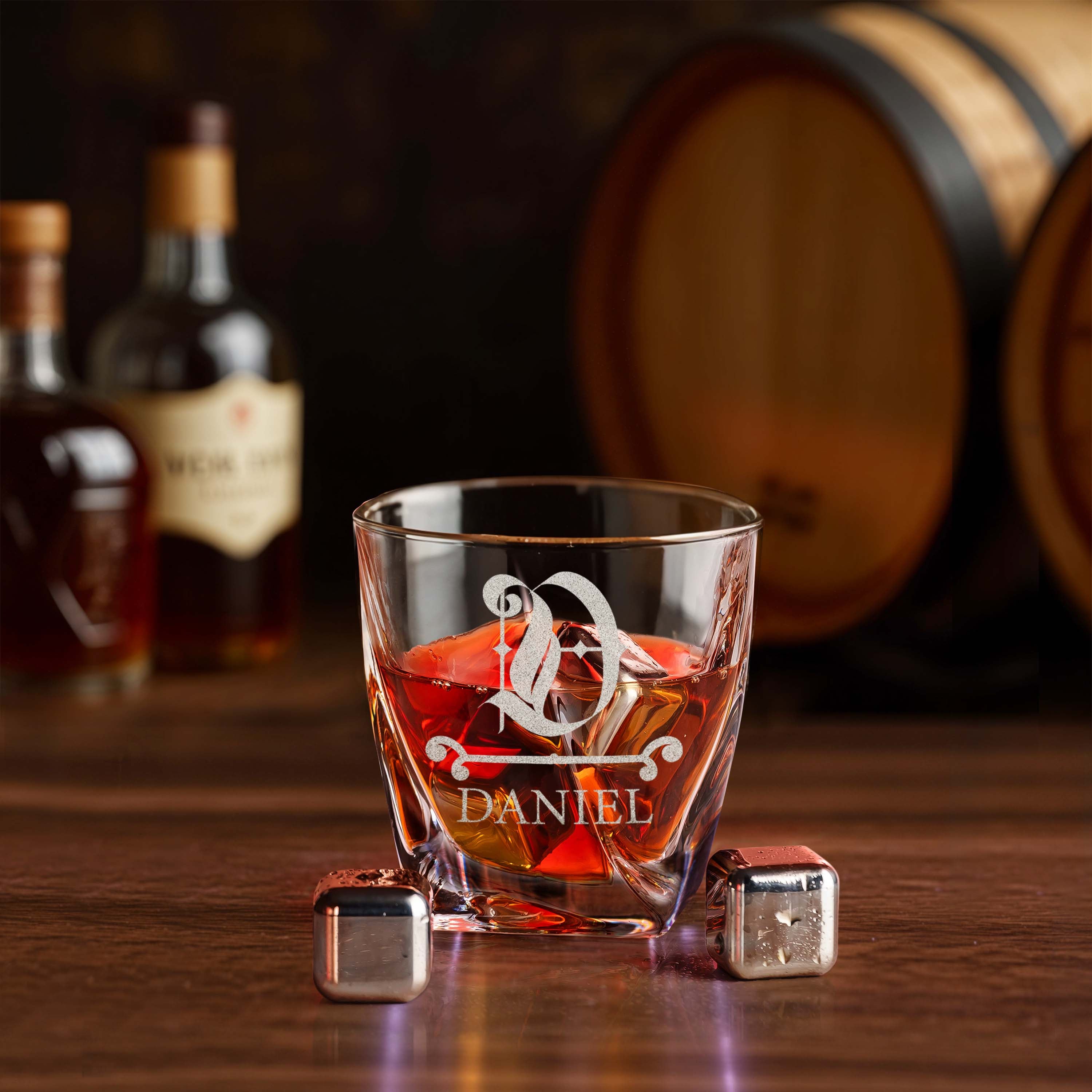 Custom Monogram Name Whiskey Gift Set of 2 Glasses, Tongs, & Stainless Steel Whiskey Stones – Personalized Premium Wood Box for Men Gift for Husband, Dad, or Him