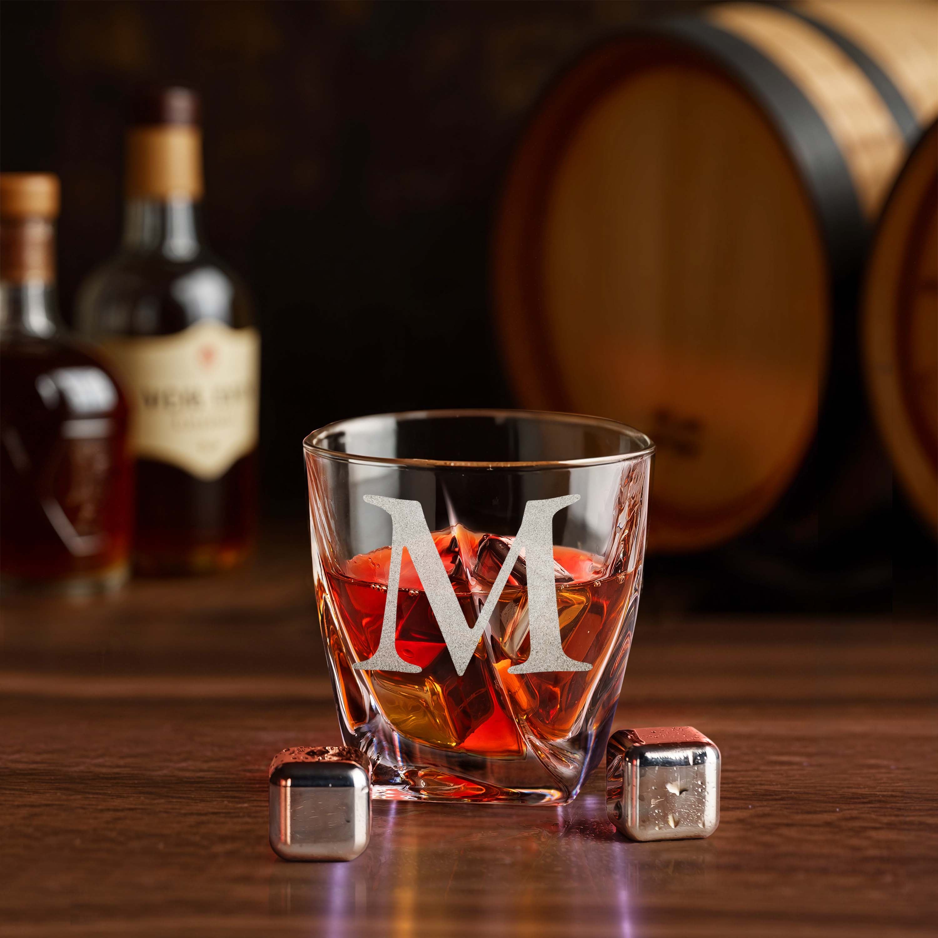 Custom Couples Initials and Date Arrow Whiskey Gift Set of 2 Glasses, Tongs, & Stainless Steel Whiskey Stones – Personalized Premium Wood Box Gift for Couples