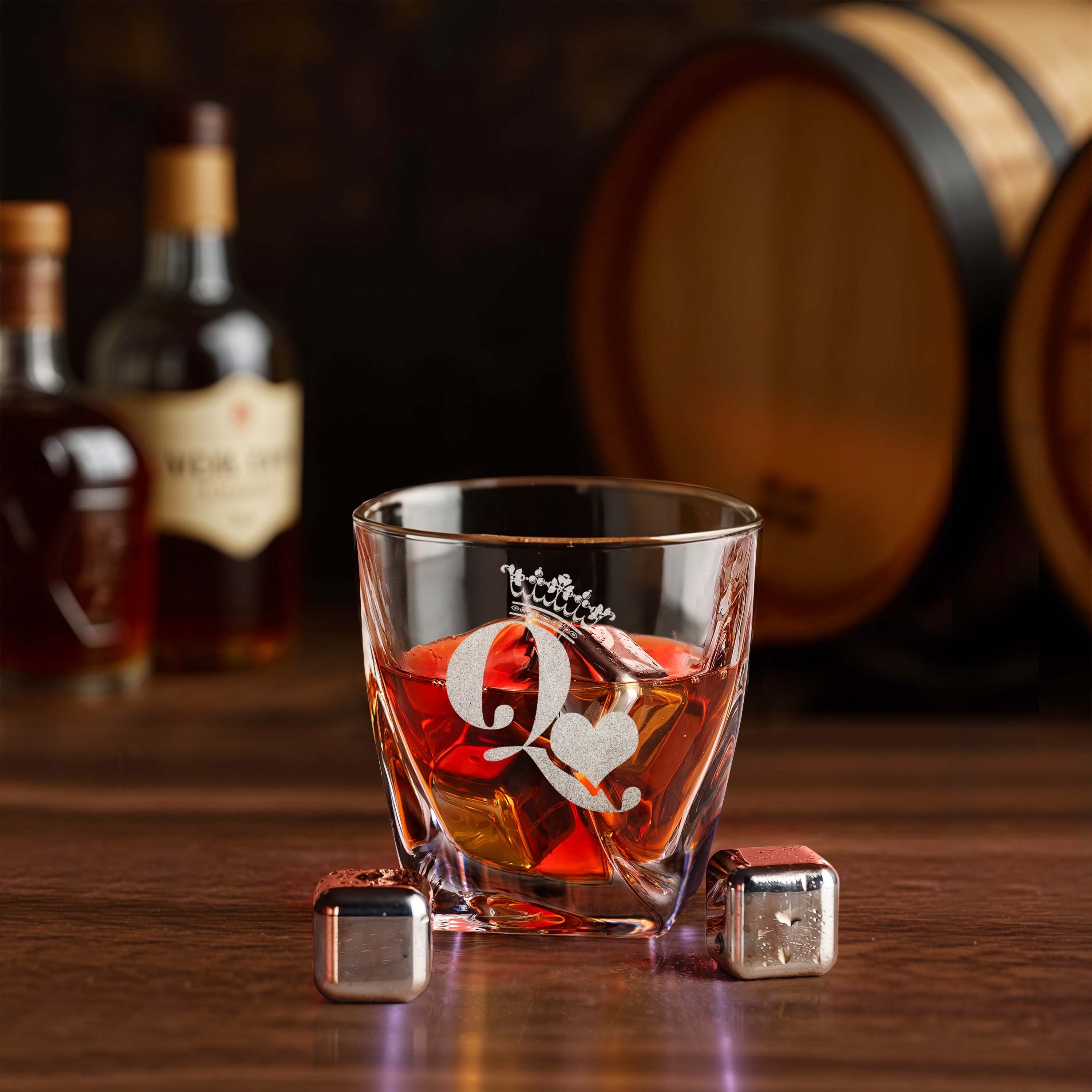 King and Queen Couples Matching Heart Whiskey Gift Set of 2 Glasses, Tongs, & Stainless Steel Whiskey Stones – Personalized Premium Wood Box for Him and Her