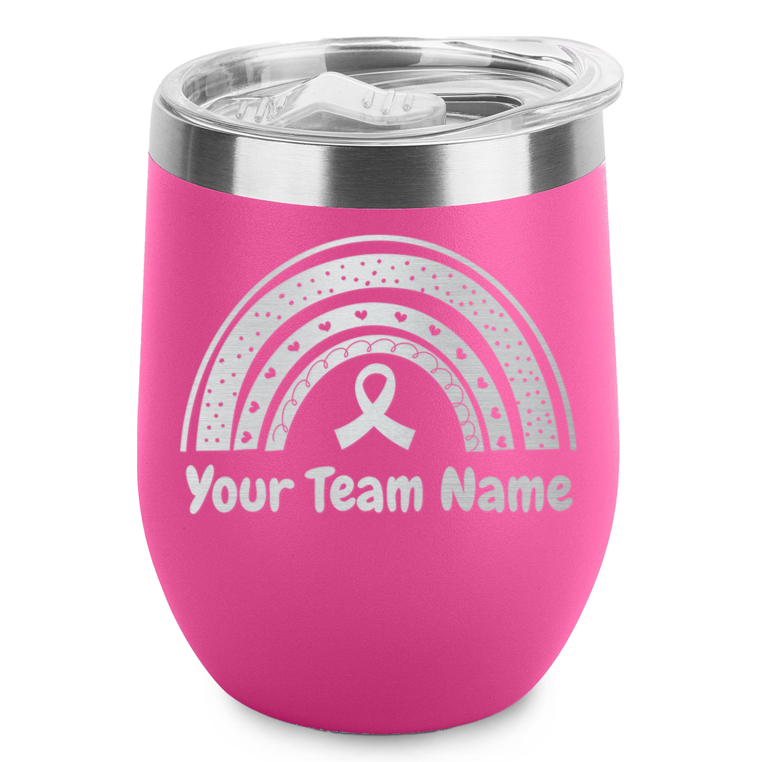 Custom Personalized Breast Cancer Rainbow Ribbon Your Name Engraved Insulated Stainless Steel Wine Tumbler with Lid 12 oz.
