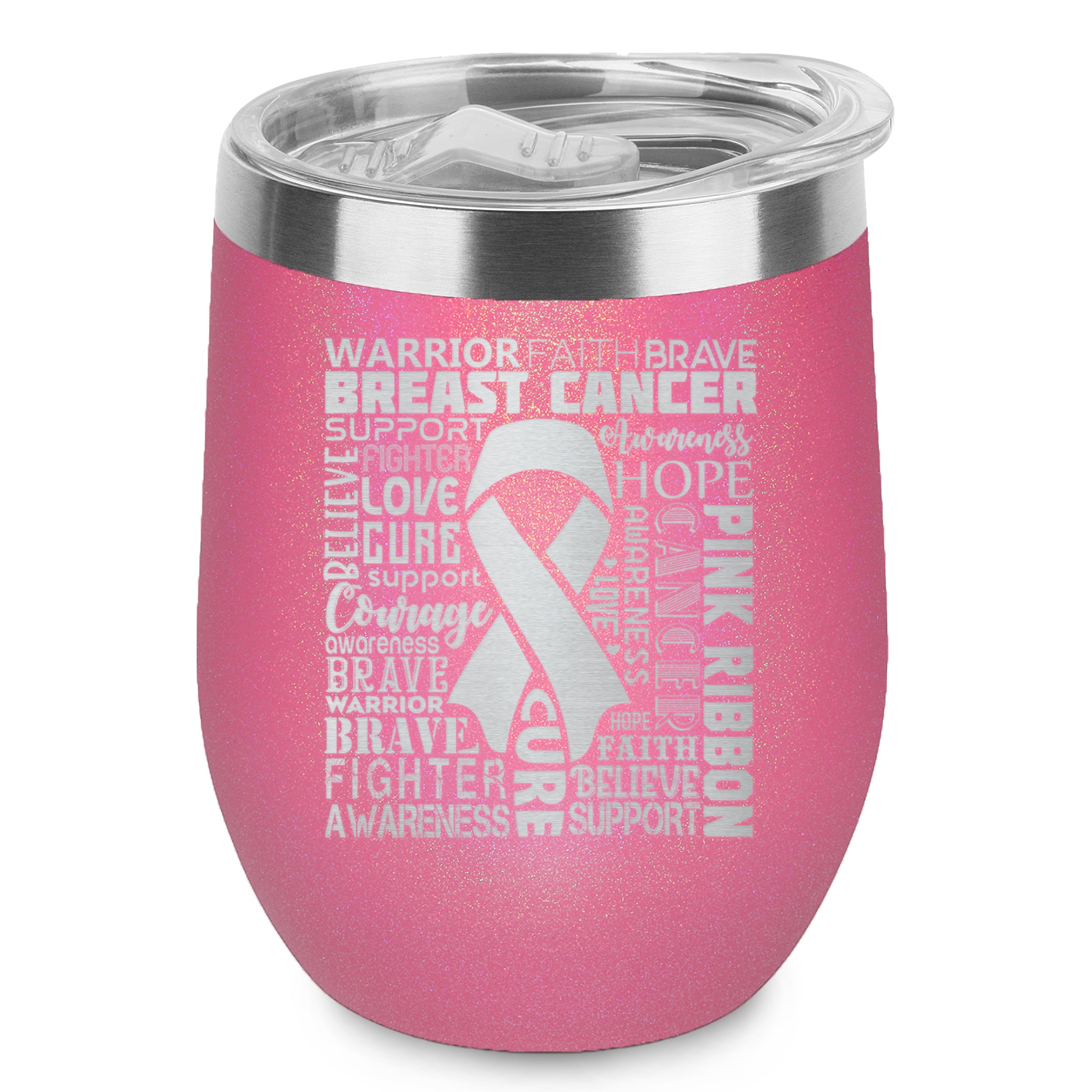 Breast Cancer Awareness Ribbon Word Cloud Engraved Insulated Stainless Steel Wine Tumbler with Lid 12 oz.