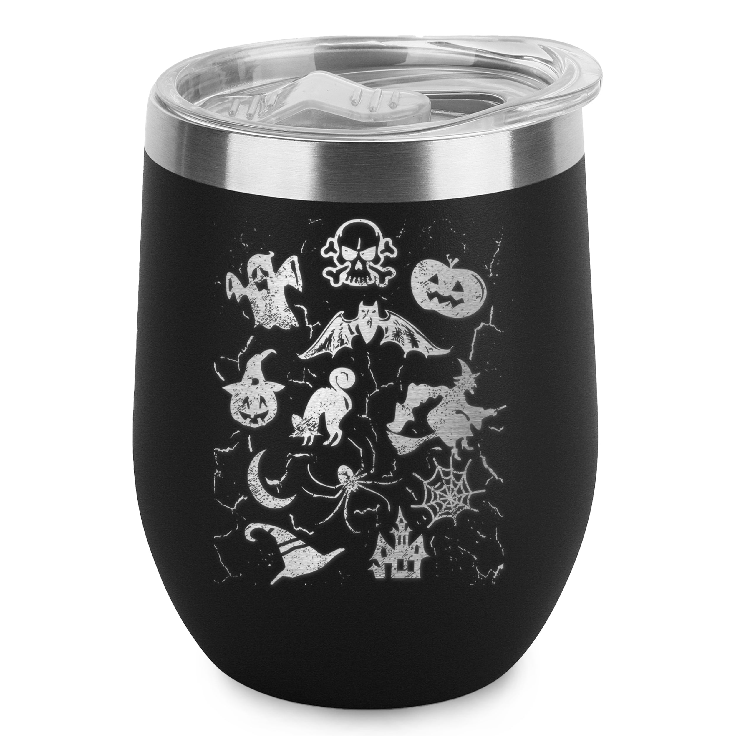 Halloween Mash Up Pumpkin Skull Witch Engraved Insulated Stainless Steel Wine Tumbler with Lid 12 oz.