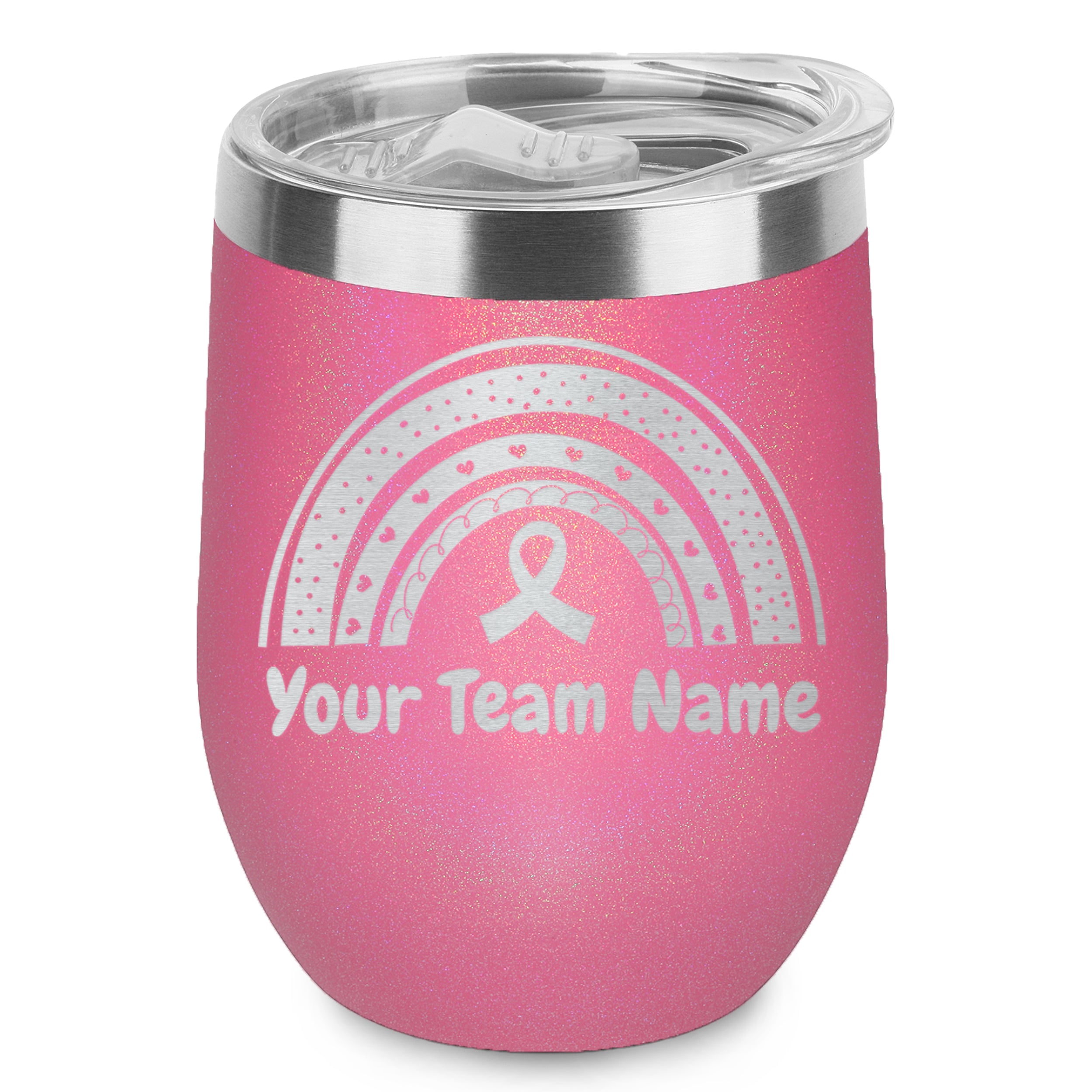 Custom Personalized Breast Cancer Rainbow Ribbon Your Name Engraved Insulated Stainless Steel Wine Tumbler with Lid 12 oz.