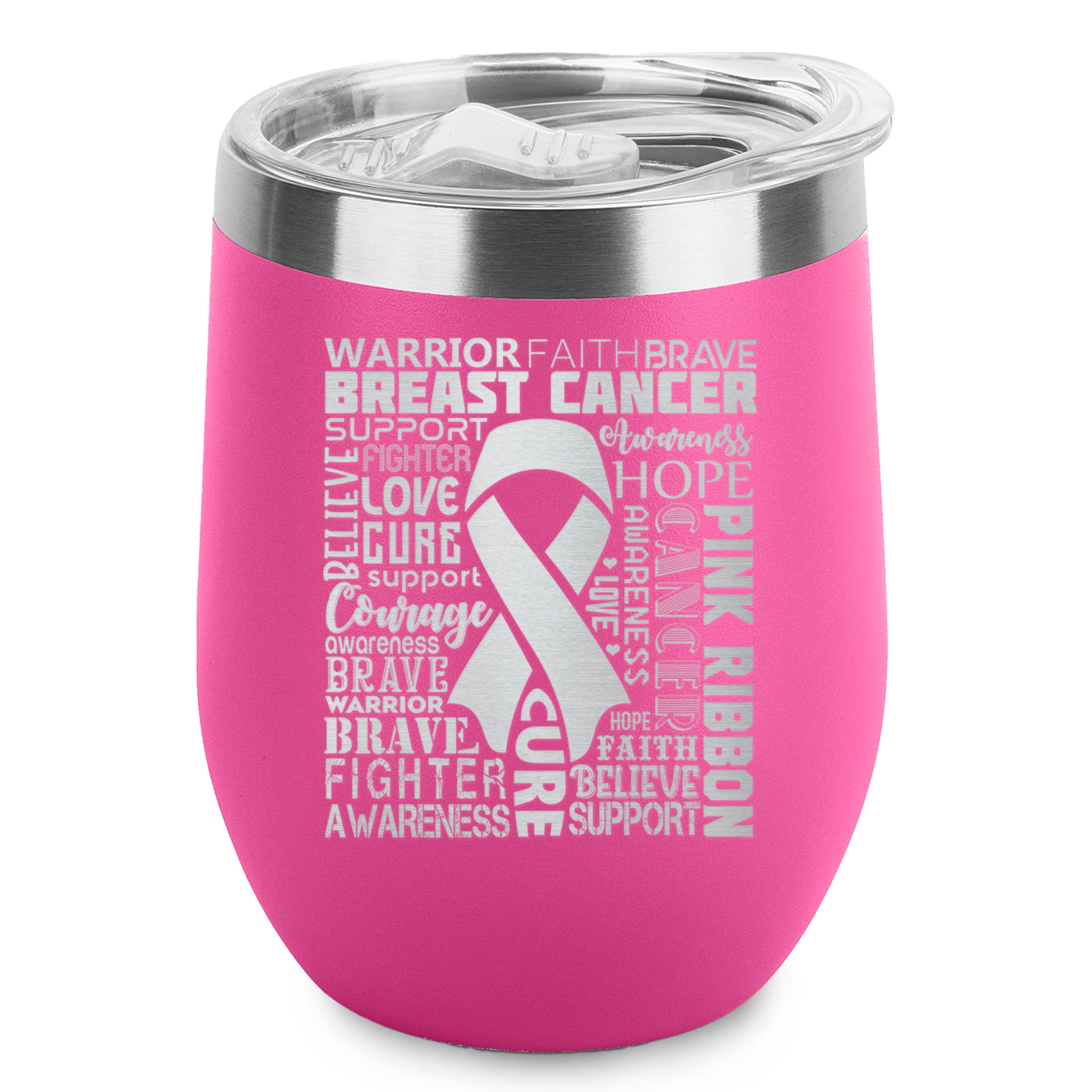 Breast Cancer Awareness Ribbon Word Cloud Engraved Insulated Stainless Steel Wine Tumbler with Lid 12 oz.