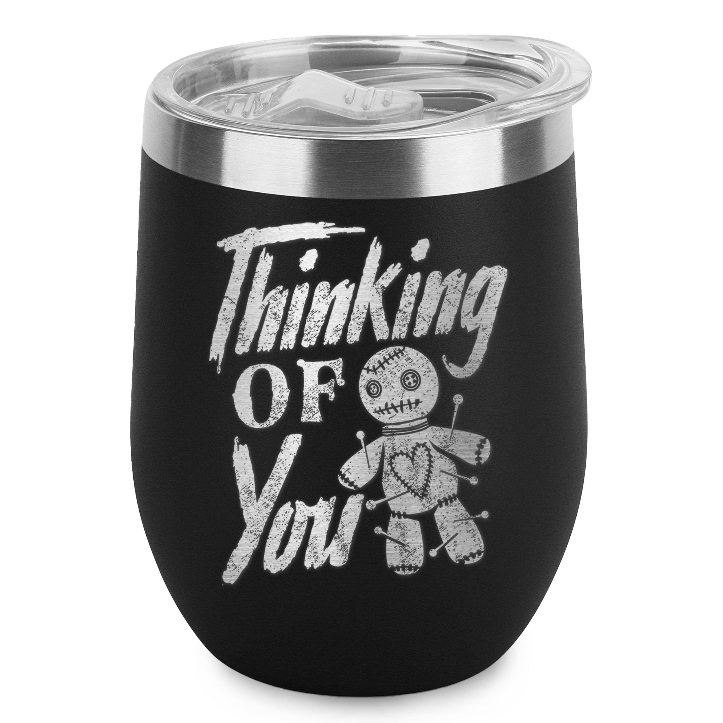 Thinking of You Voodoo Doll Engraved Insulated Stainless Steel Wine Tumbler with Lid 12 oz.