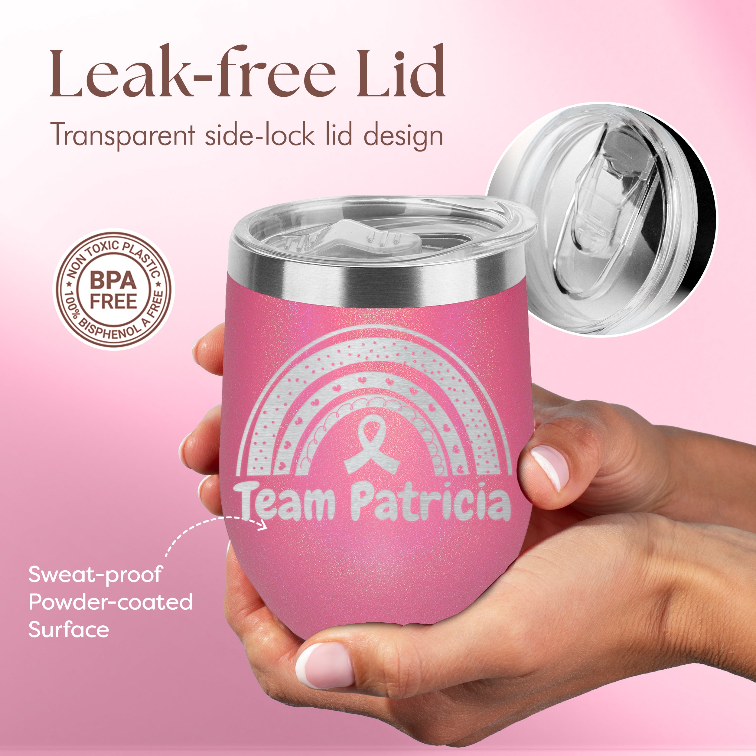Custom Personalized Breast Cancer Rainbow Ribbon Your Name Engraved Insulated Stainless Steel Wine Tumbler with Lid 12 oz.
