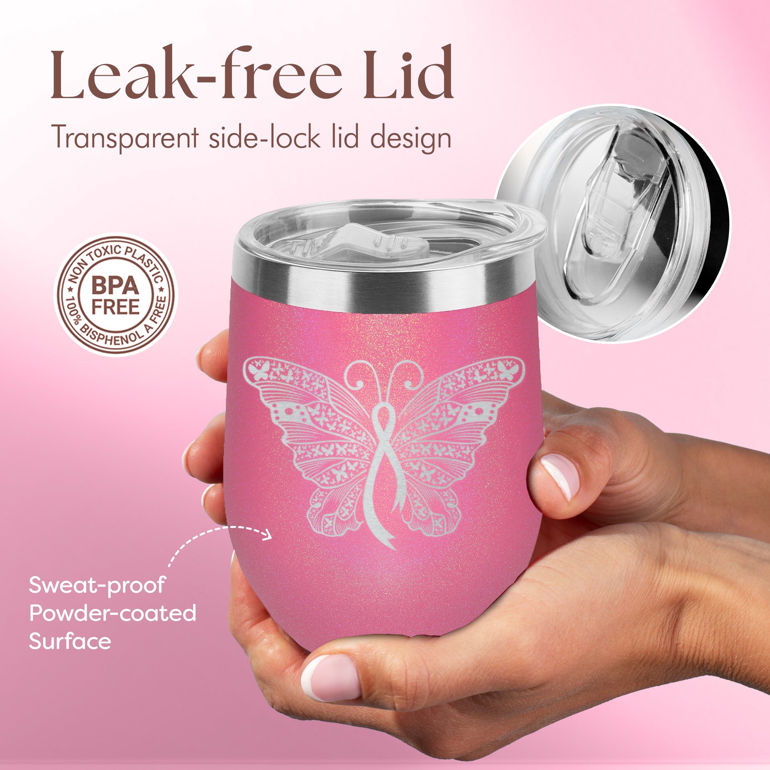 Breast Cancer Butterfly Ribbon Engraved Insulated Stainless Steel Wine Tumbler with Lid 12 oz.