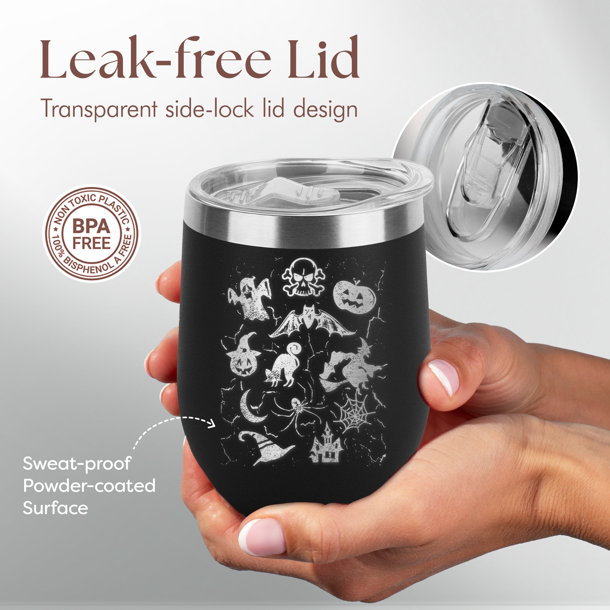 Halloween Mash Up Pumpkin Skull Witch Engraved Insulated Stainless Steel Wine Tumbler with Lid 12 oz.