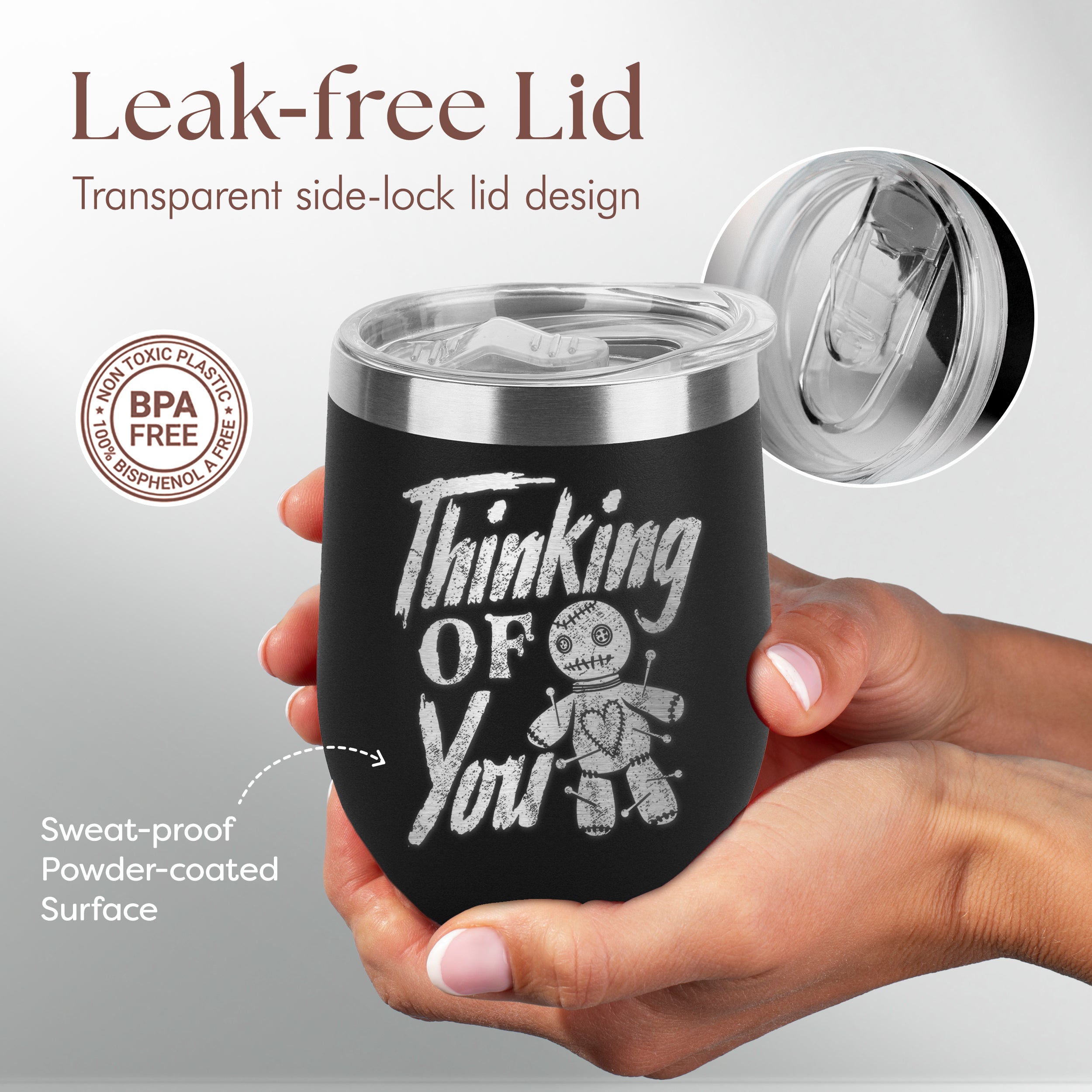Thinking of You Voodoo Doll Engraved Insulated Stainless Steel Wine Tumbler with Lid 12 oz.