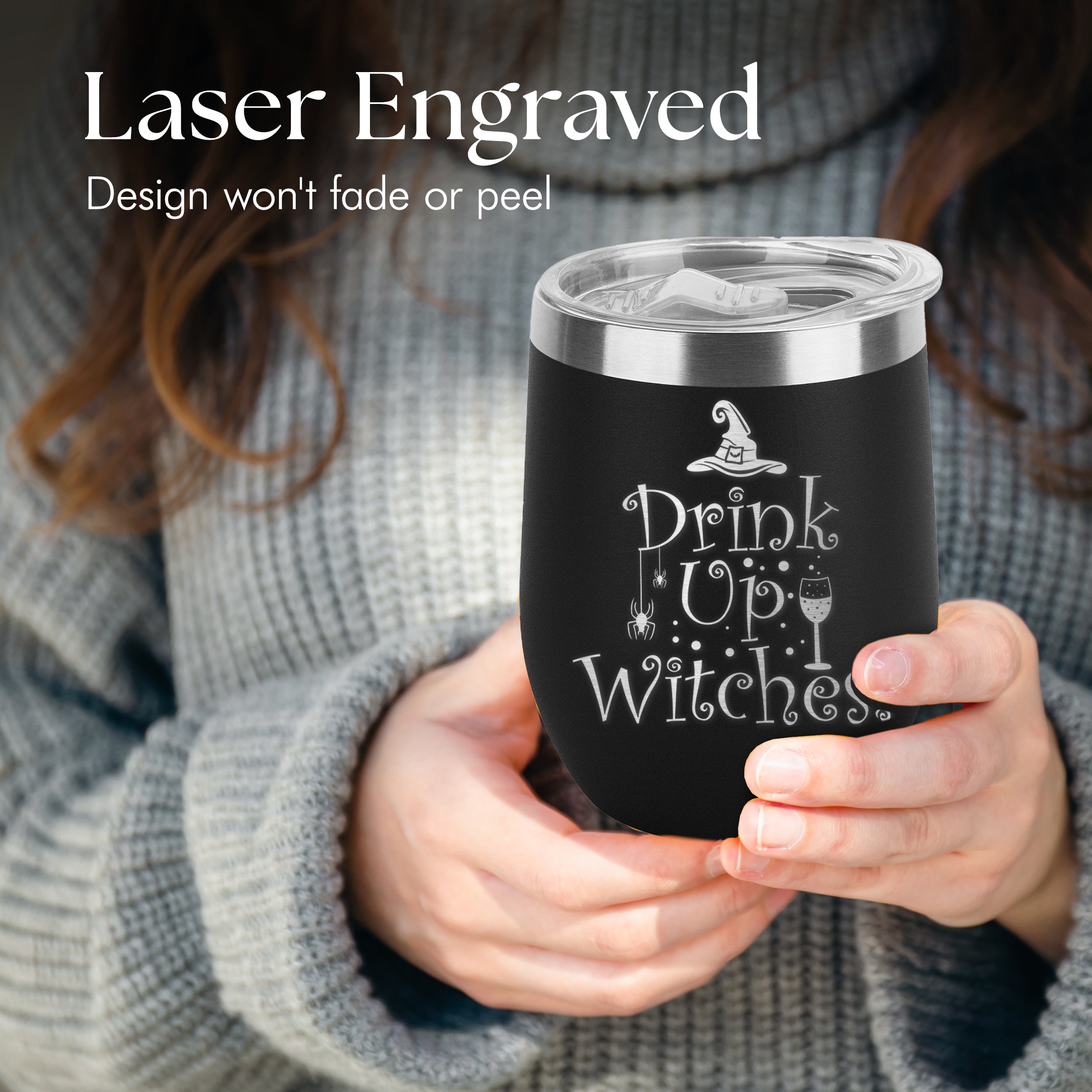 Drink Up Witches Engraved Insulated Stainless Steel Wine Tumbler with Lid 12 oz.