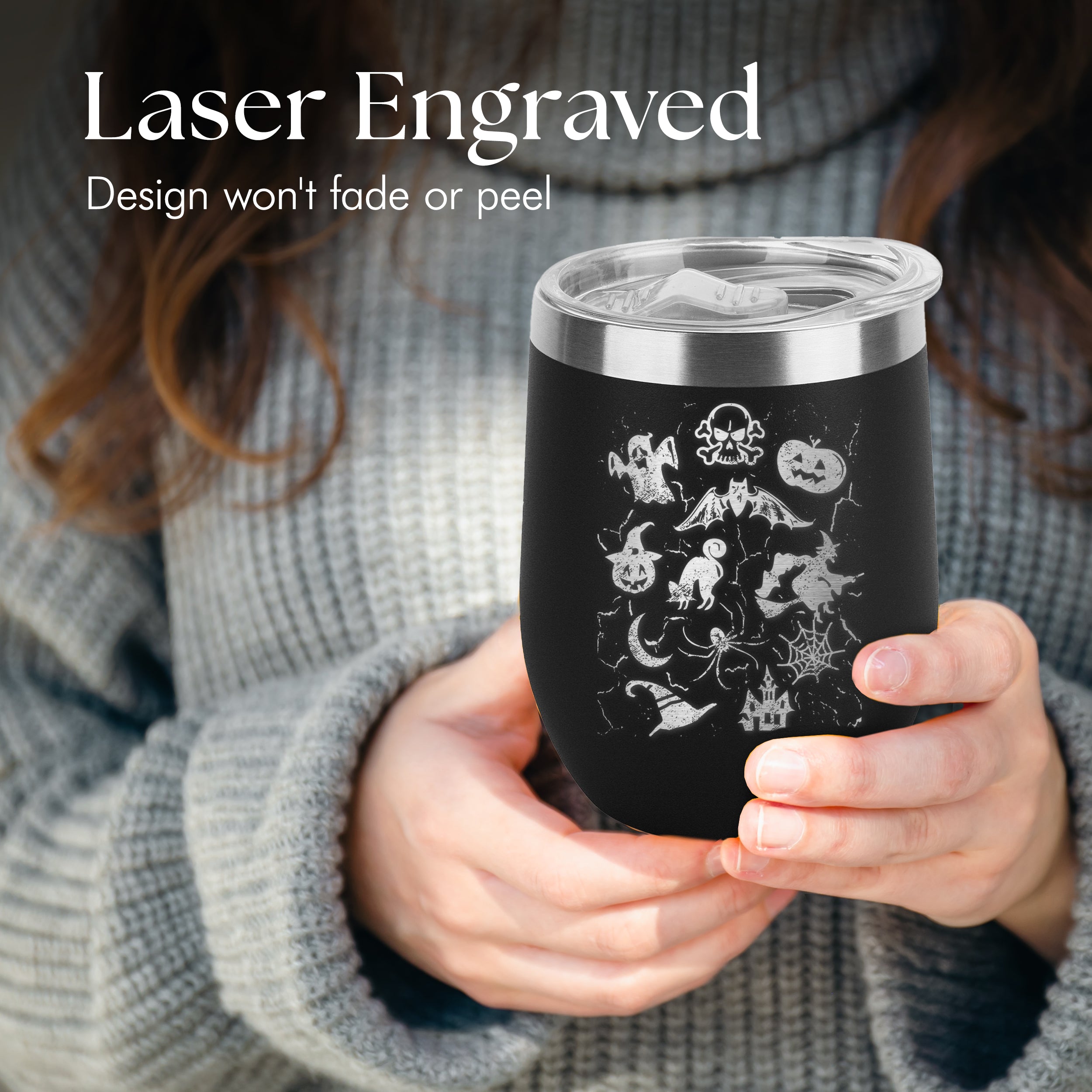 Halloween Mash Up Pumpkin Skull Witch Engraved Insulated Stainless Steel Wine Tumbler with Lid 12 oz.