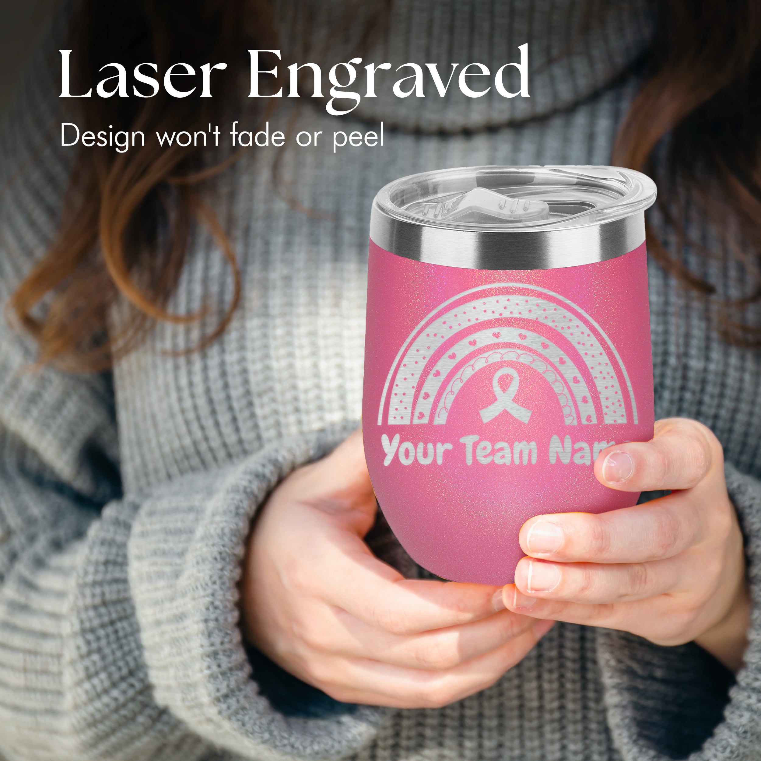 Custom Personalized Breast Cancer Rainbow Ribbon Your Name Engraved Insulated Stainless Steel Wine Tumbler with Lid 12 oz.