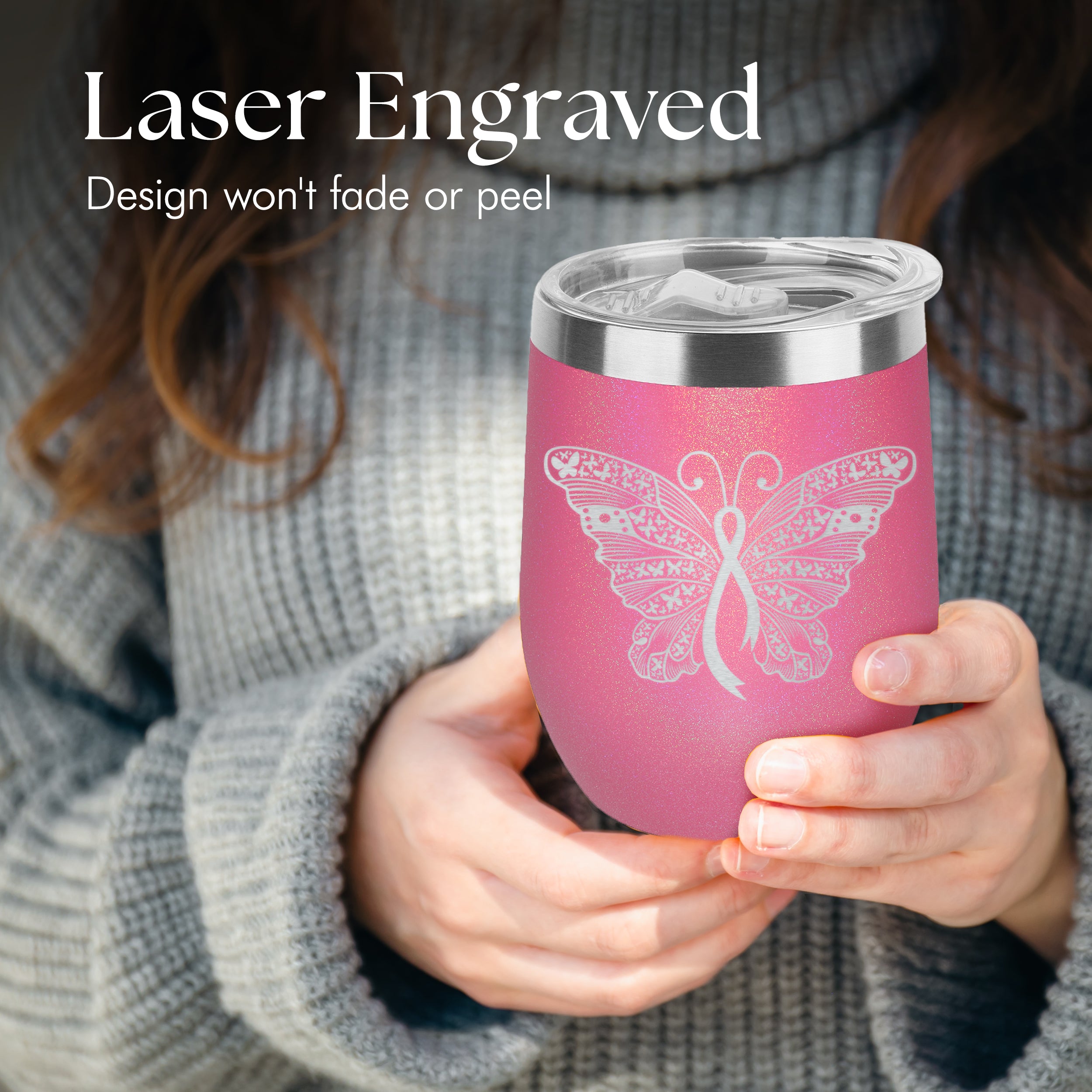 Breast Cancer Butterfly Ribbon Engraved Insulated Stainless Steel Wine Tumbler with Lid 12 oz.
