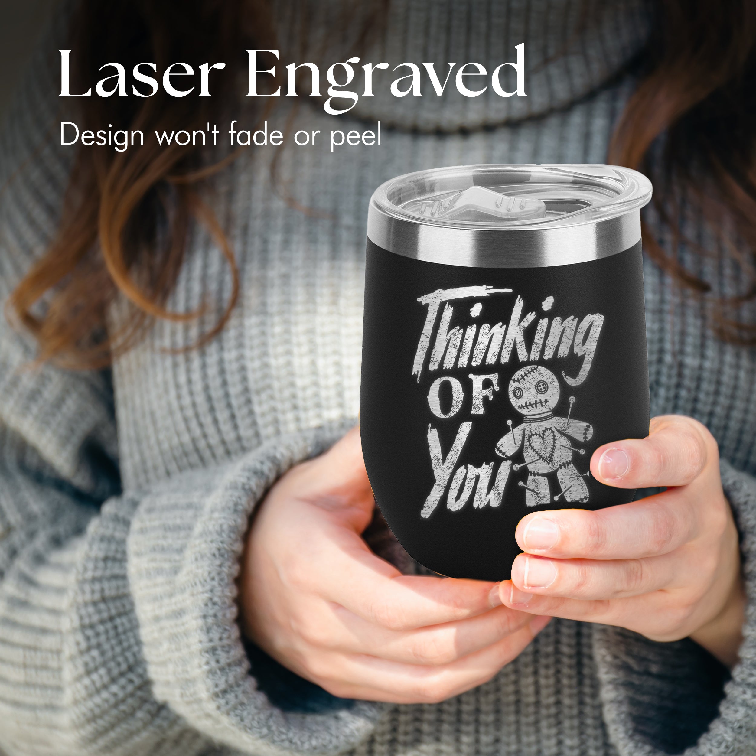 Thinking of You Voodoo Doll Engraved Insulated Stainless Steel Wine Tumbler with Lid 12 oz.