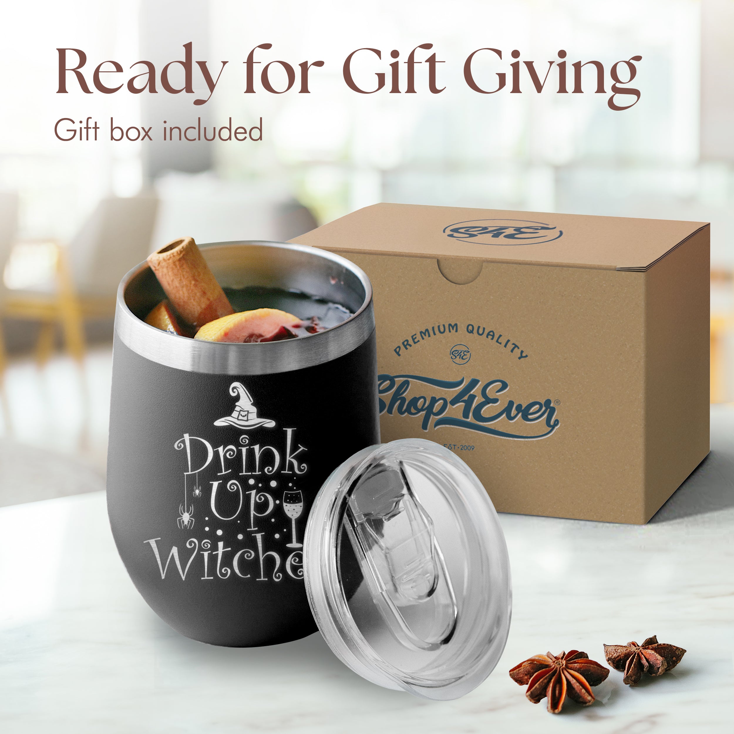 Drink Up Witches Engraved Insulated Stainless Steel Wine Tumbler with Lid 12 oz.