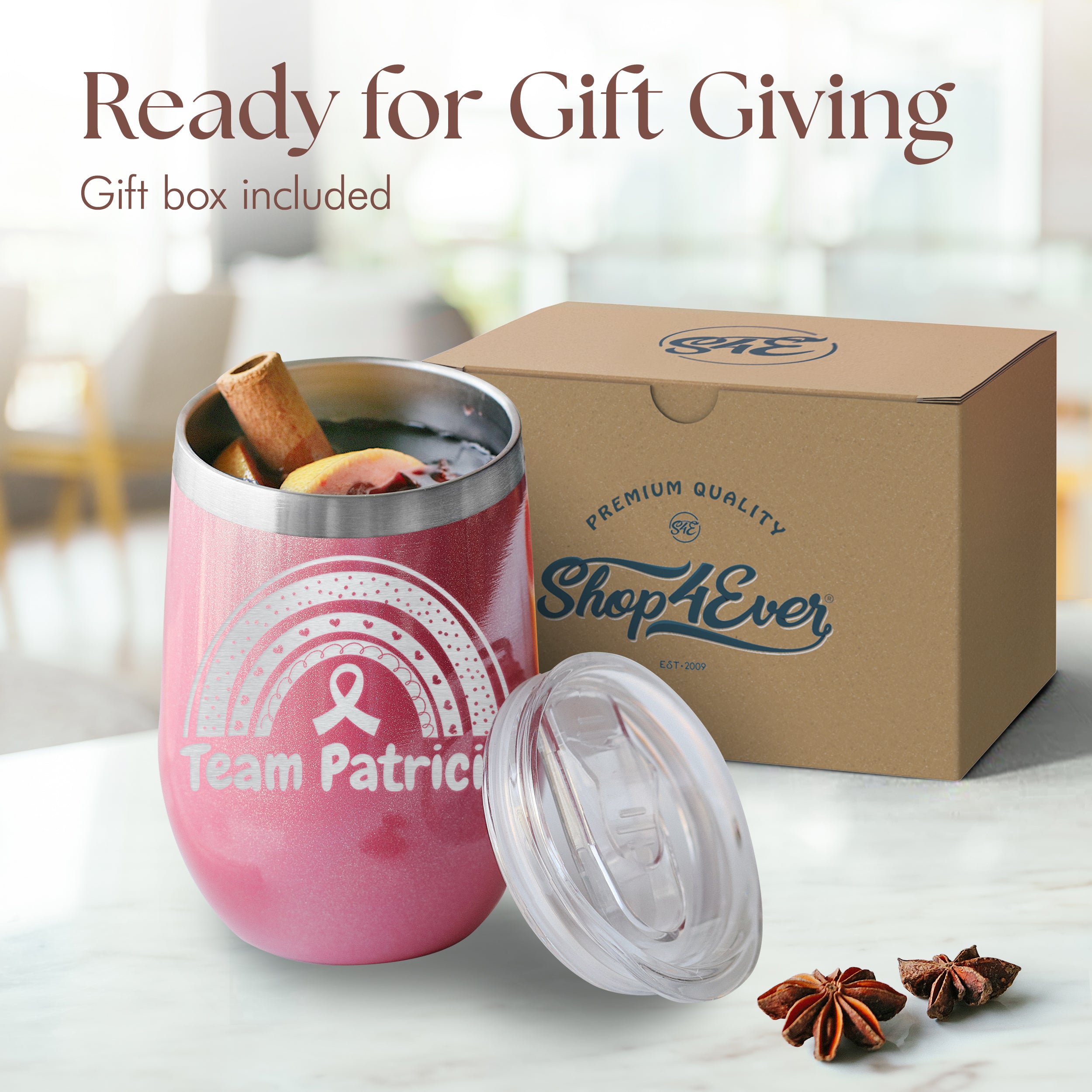 Custom Personalized Breast Cancer Rainbow Ribbon Your Name Engraved Insulated Stainless Steel Wine Tumbler with Lid 12 oz.