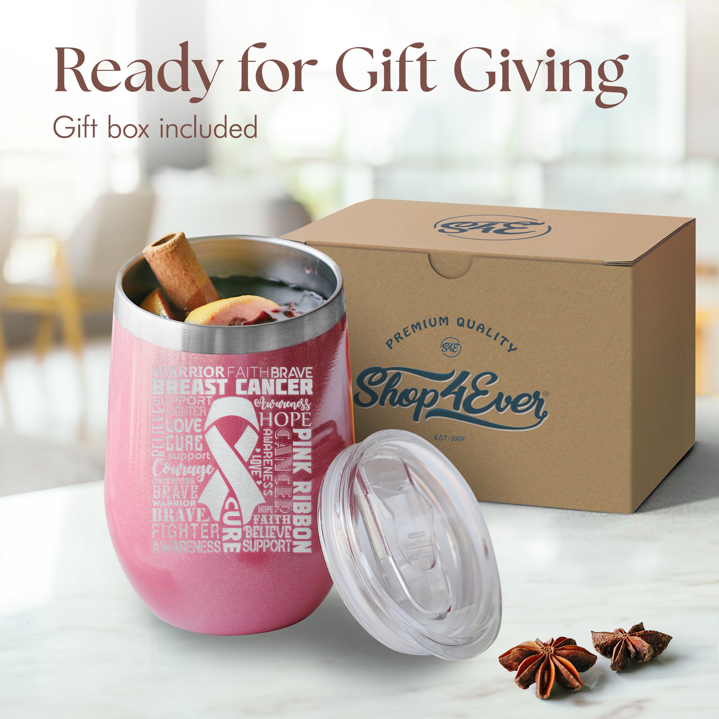 Breast Cancer Awareness Ribbon Word Cloud Engraved Insulated Stainless Steel Wine Tumbler with Lid 12 oz.