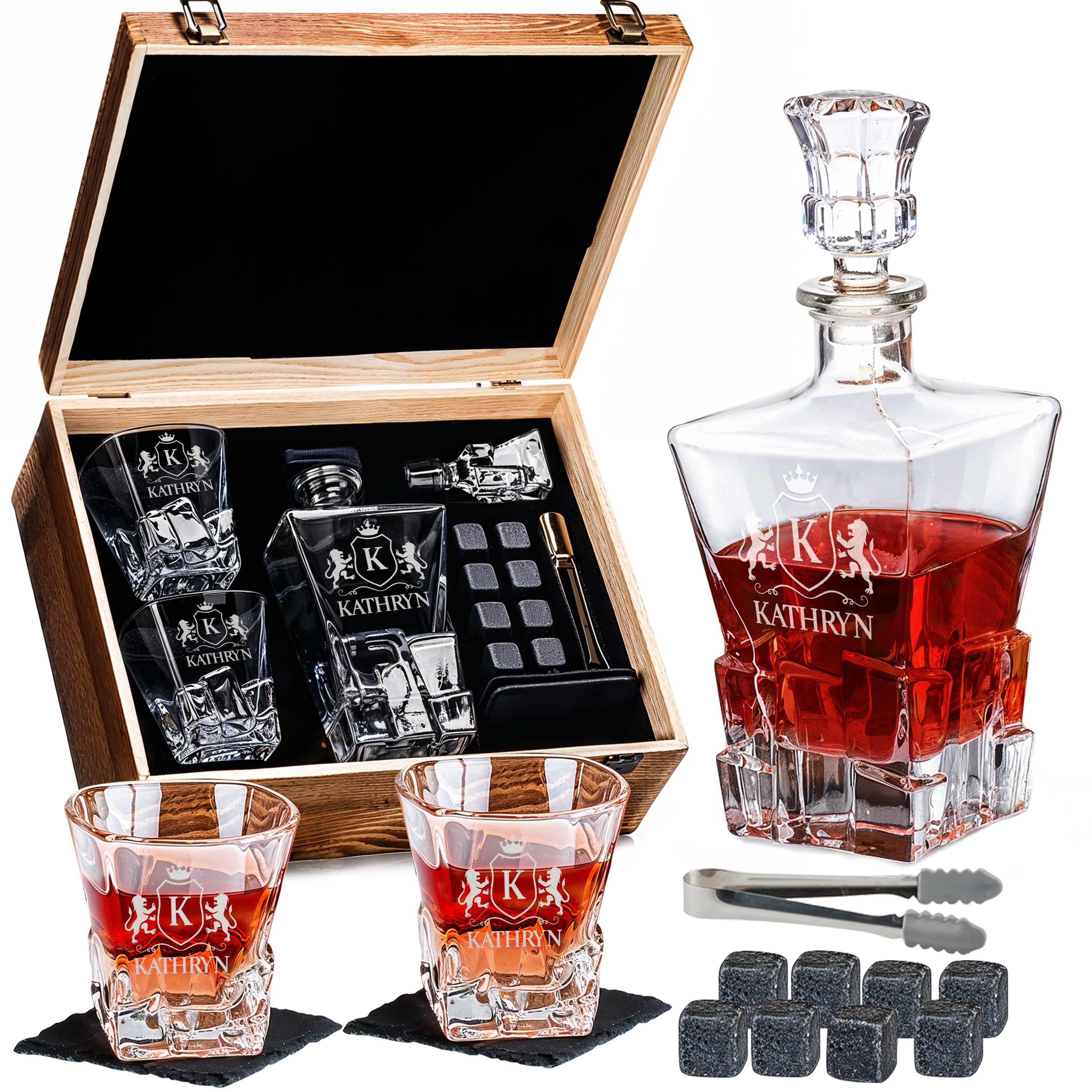 Custom Engraved Monogram 12 Options, Chunky Heavy Liquor/Bourbon Decanter with Glasses, Whiskey Stones, Coasters & Tongs, Premium Whiskey Gift Set for Men, Husband, Dad
