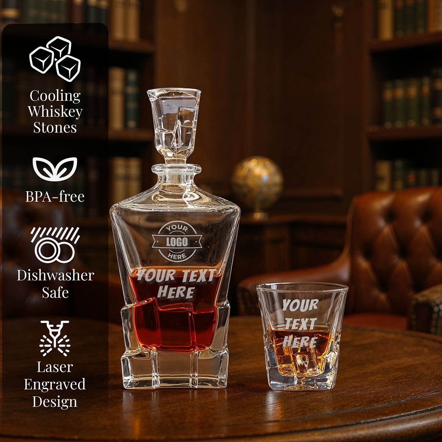 Custom Engraved Your Text Logo – Chunky Heavy Liquor/Bourbon Decanter with Glasses, Whiskey Stones, Coasters & Tongs, Premium Whiskey Gift Set for Men, Husband, Dad