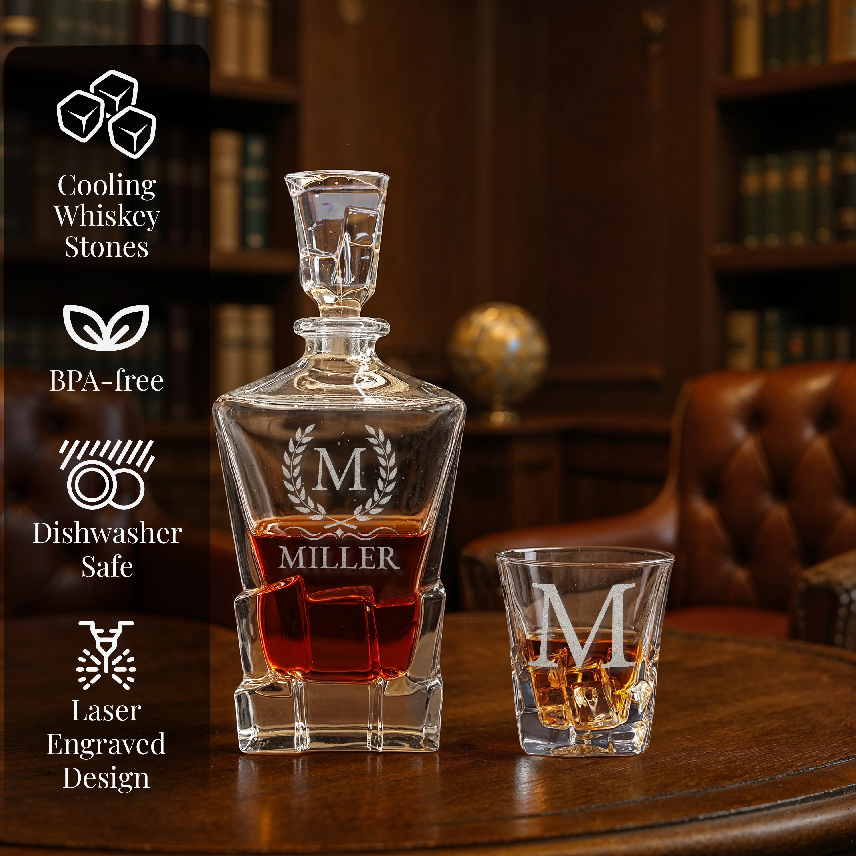 Custom Engraved Monogram Name Initial Icon Chunky Heavy Liquor/Bourbon Decanter with Glasses, Whiskey Stones, Coasters & Tongs, Premium Whiskey Gift Set for Men, Husband, Dad