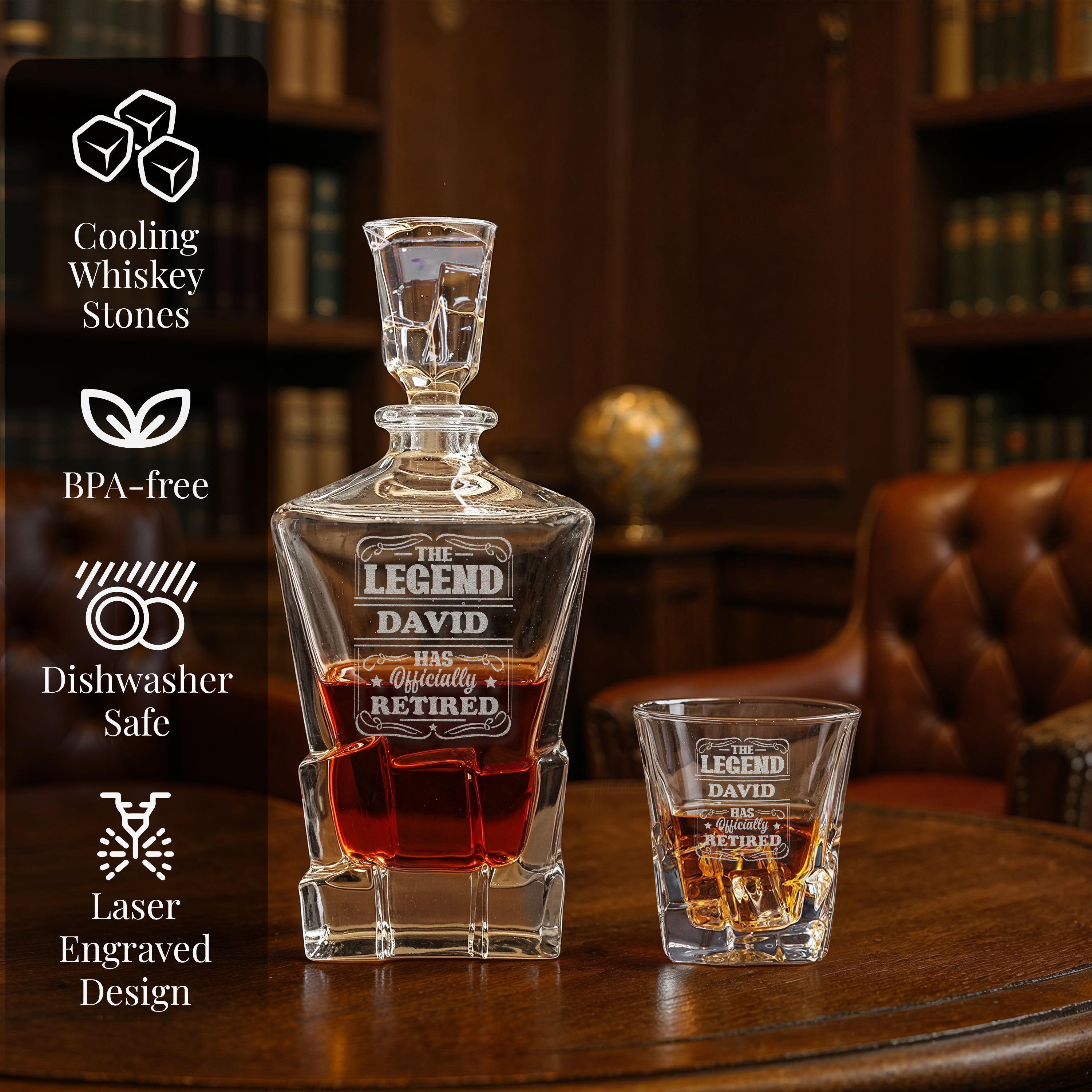 Personalized Retirement Gift: Custom "Legend Has Retired" Decanter Set