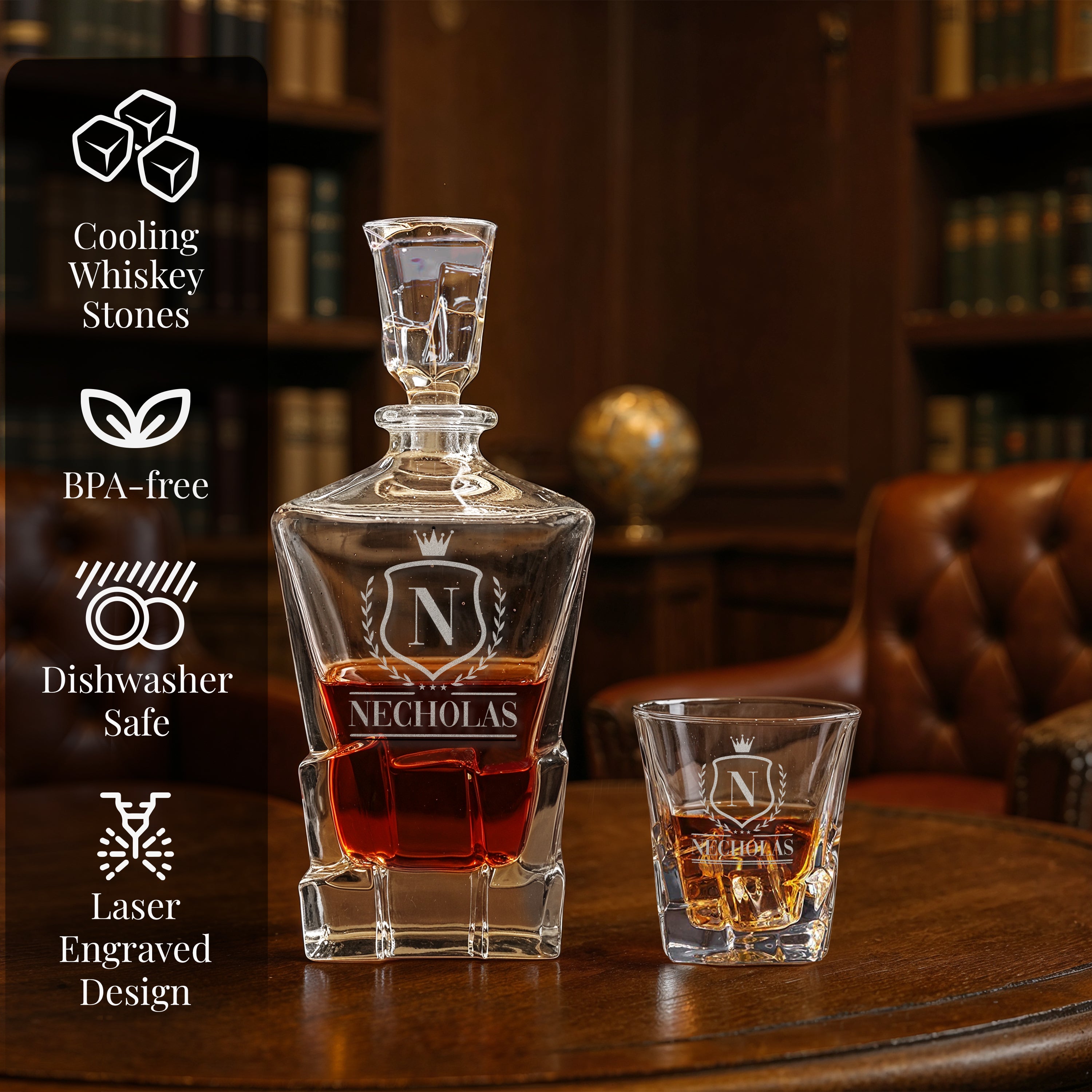 Custom Engraved Monogram 12 Options, Chunky Heavy Liquor/Bourbon Decanter with Glasses, Whiskey Stones, Coasters & Tongs, Premium Whiskey Gift Set for Men, Husband, Dad
