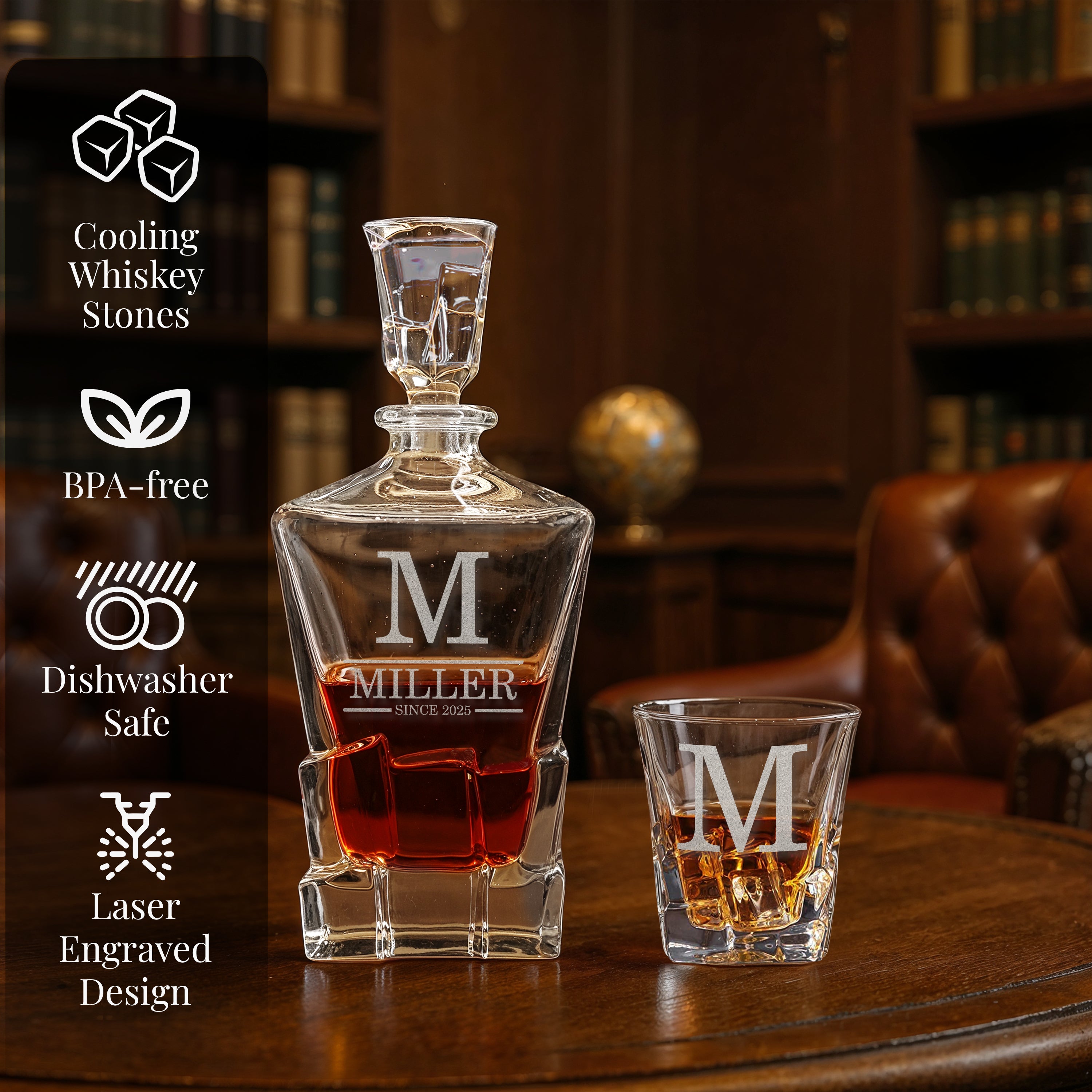 Custom Engraved Monogram Since Year Chunky Heavy Liquor/Bourbon Decanter with Glasses, Whiskey Stones, Coasters & Tongs, Premium Whiskey Gift Set for Men, Husband, Dad