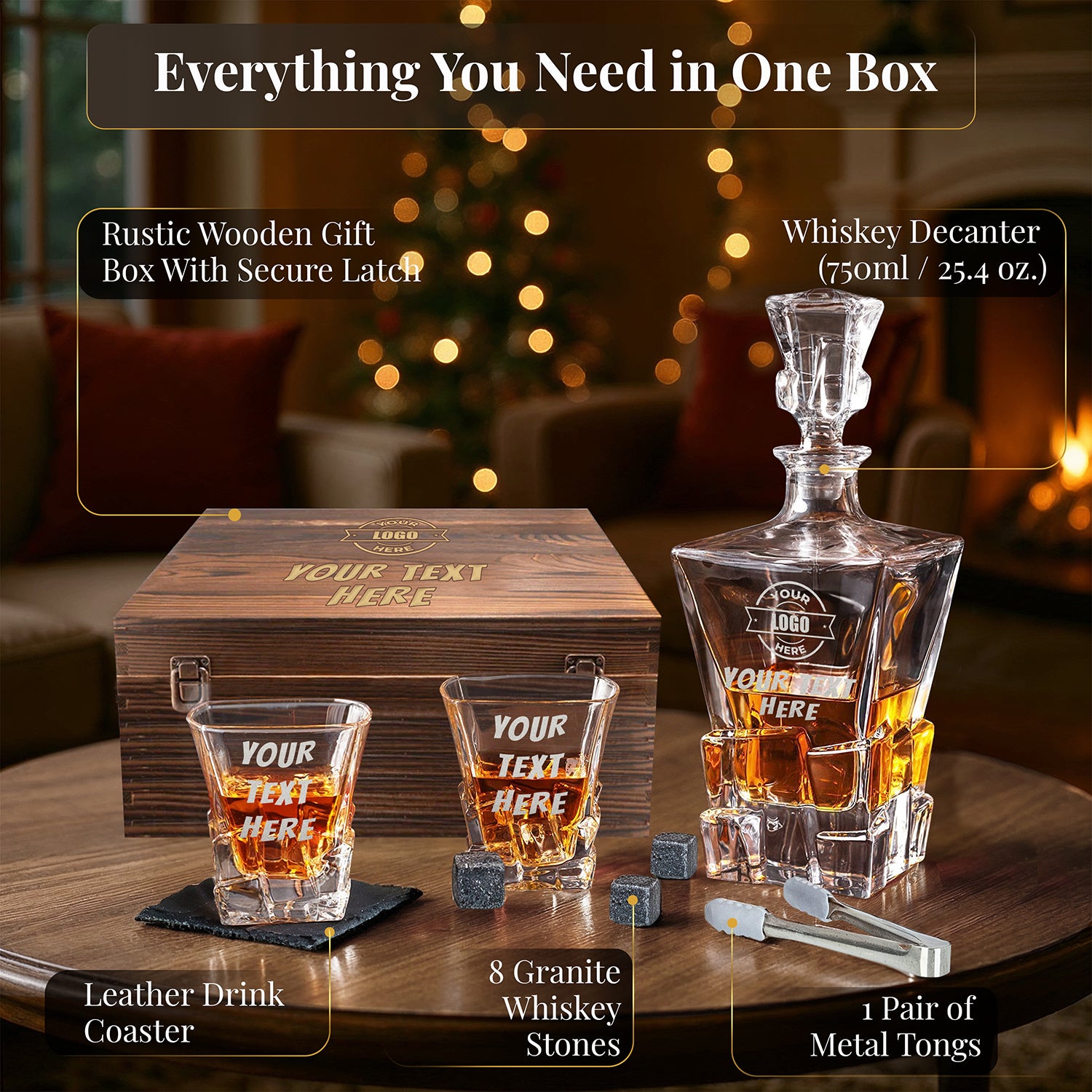 Custom Engraved Your Text Logo – Chunky Heavy Liquor/Bourbon Decanter with Glasses, Whiskey Stones, Coasters & Tongs, Premium Whiskey Gift Set for Men, Husband, Dad