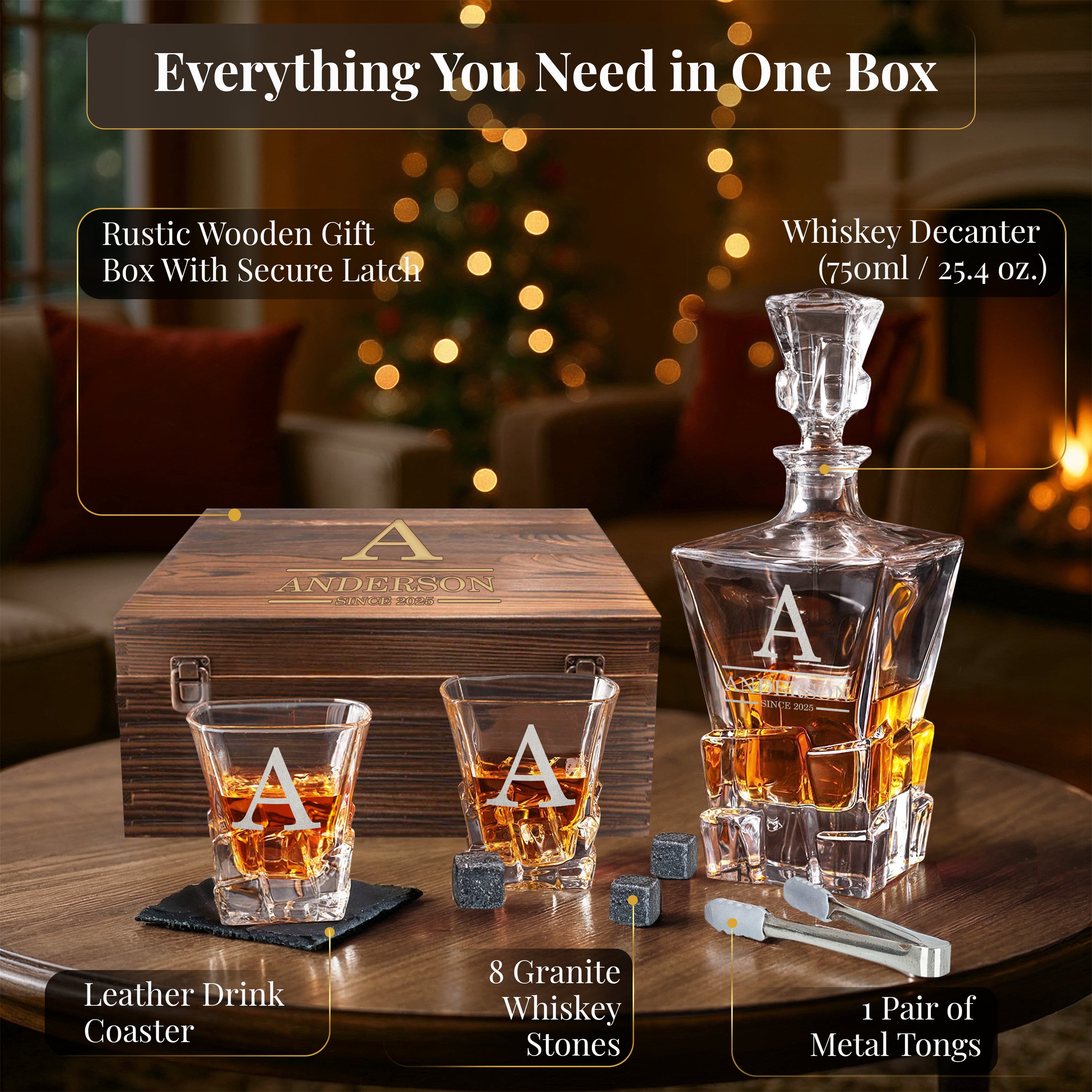 Custom Engraved Monogram Since Year Chunky Heavy Liquor/Bourbon Decanter with Glasses, Whiskey Stones, Coasters & Tongs, Premium Whiskey Gift Set for Men, Husband, Dad