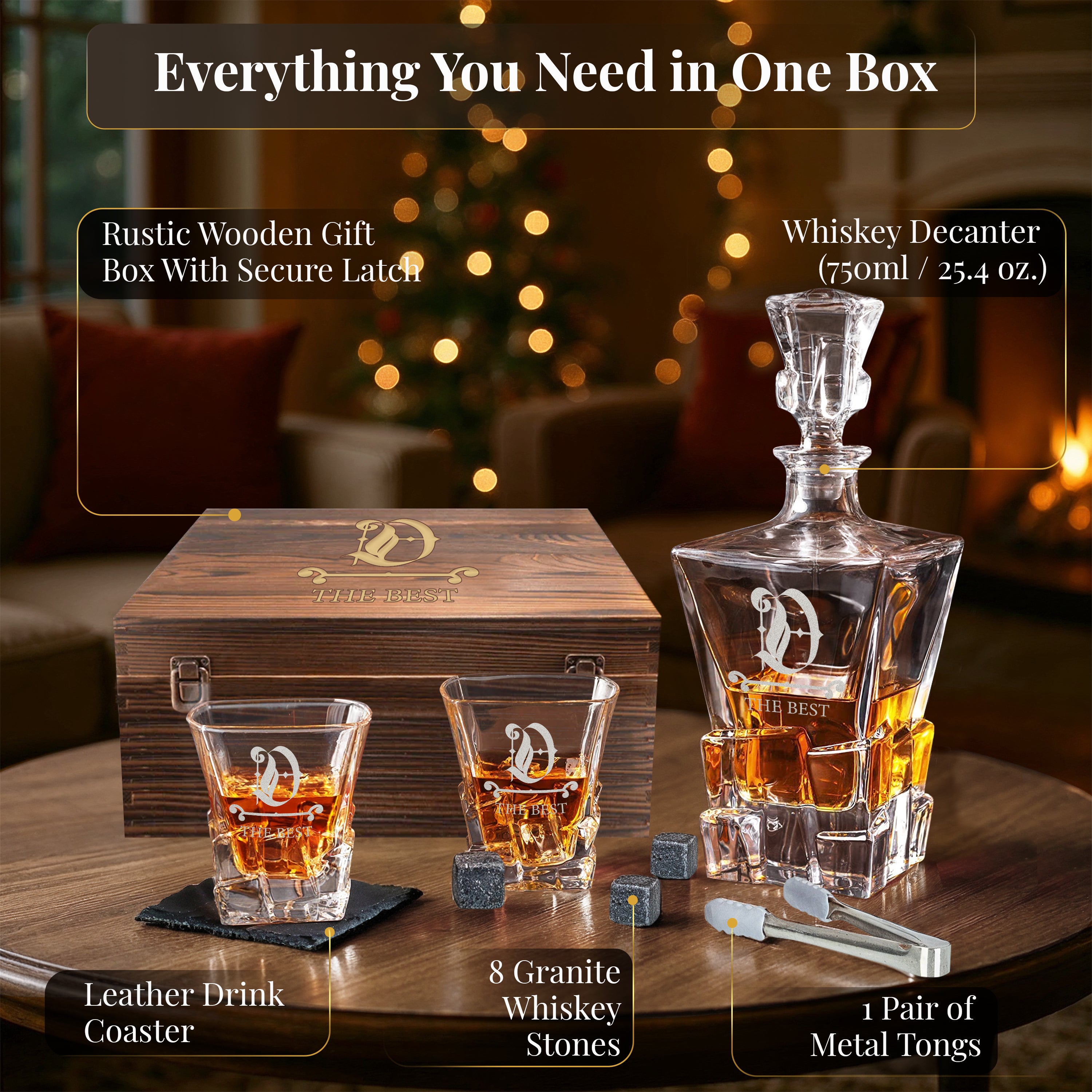 Custom Engraved Monogram 12 Options, Chunky Heavy Liquor/Bourbon Decanter with Glasses, Whiskey Stones, Coasters & Tongs, Premium Whiskey Gift Set for Men, Husband, Dad